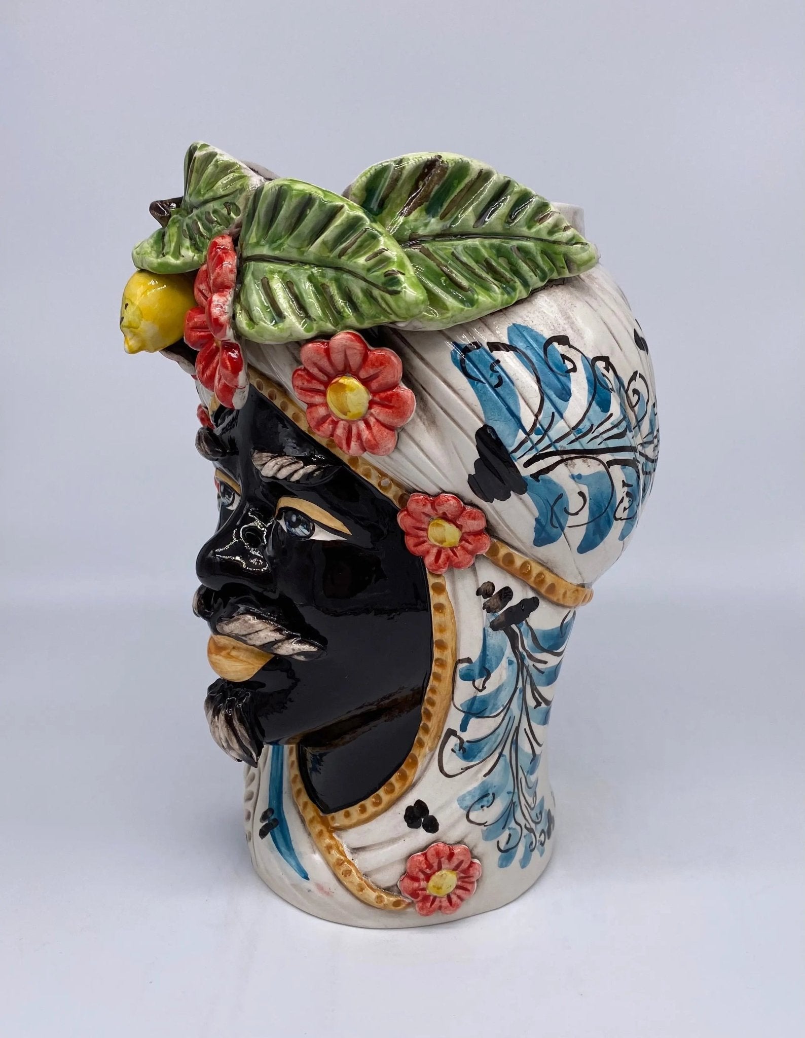 Teste di Moro Moresca Ceramica Caltagirone cm H.28 L.19 Artigianale Turbante Barocco Fiori Limoni - DD CERAMICHE SICILIANE