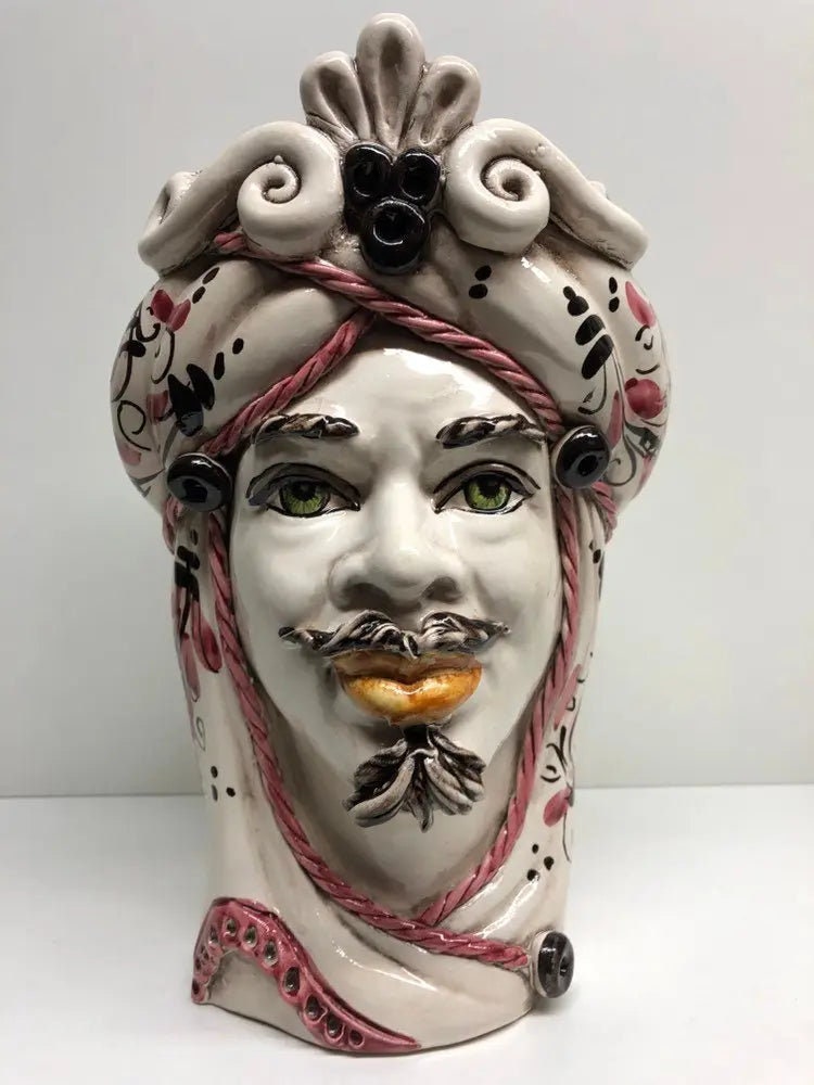 Teste di Moro Moresca Ceramica Caltagirone cm H.28 L.19 Artigianale Barocco Rosa DD CERAMICHE SICILIANE