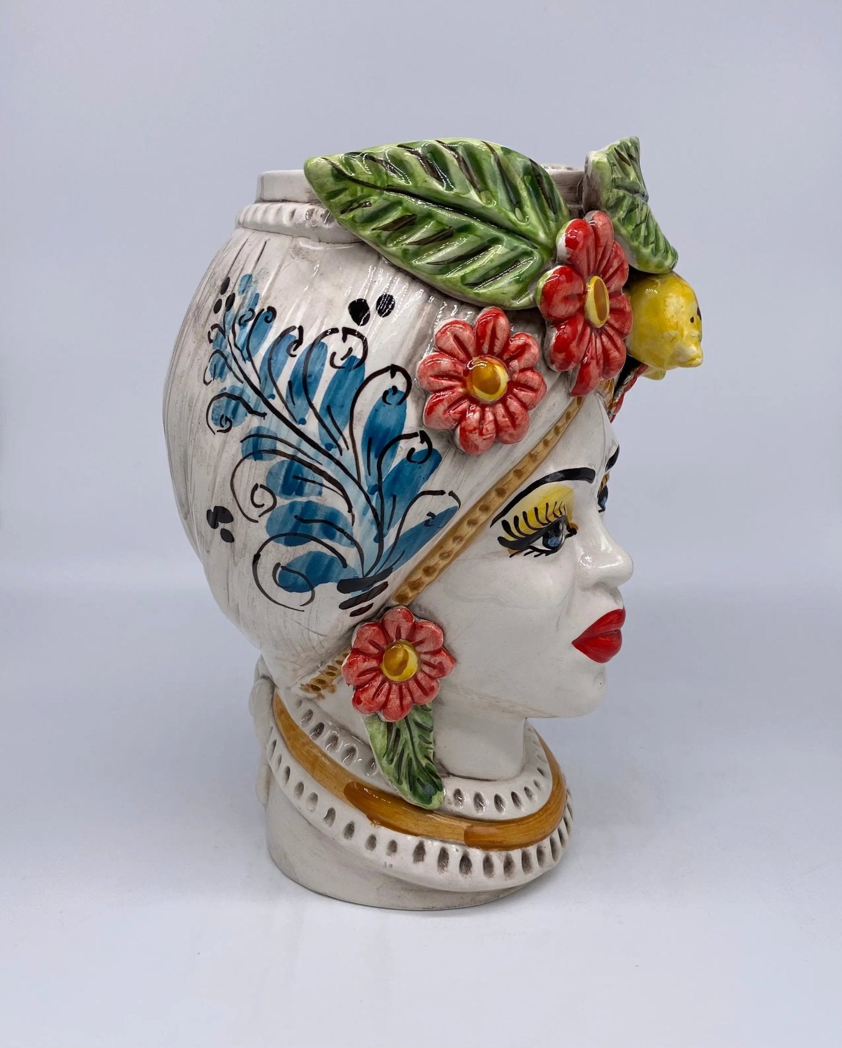Teste di Moro Moresca Ceramica Caltagirone cm H.28 L.19 Artigianale Turbante Barocco Fiori Limoni - DD CERAMICHE SICILIANE