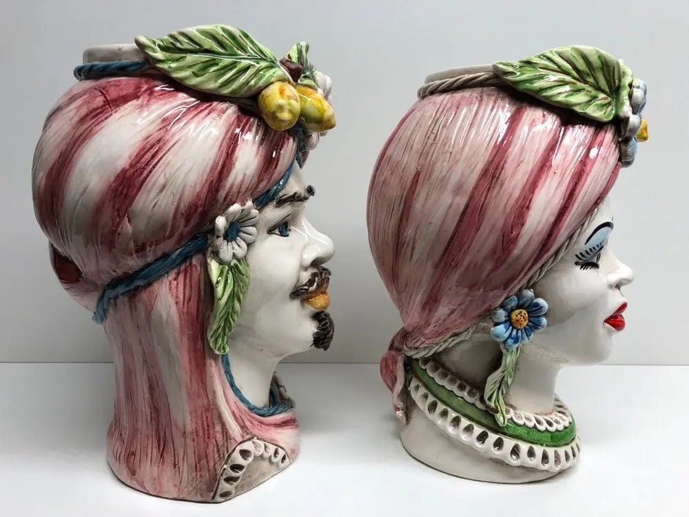 Teste di Moro Moresca Ceramica Caltagirone cm H.28 L.19 Artigianale Turbante Rosa Fiori Limoni DD CERAMICHE SICILIANE