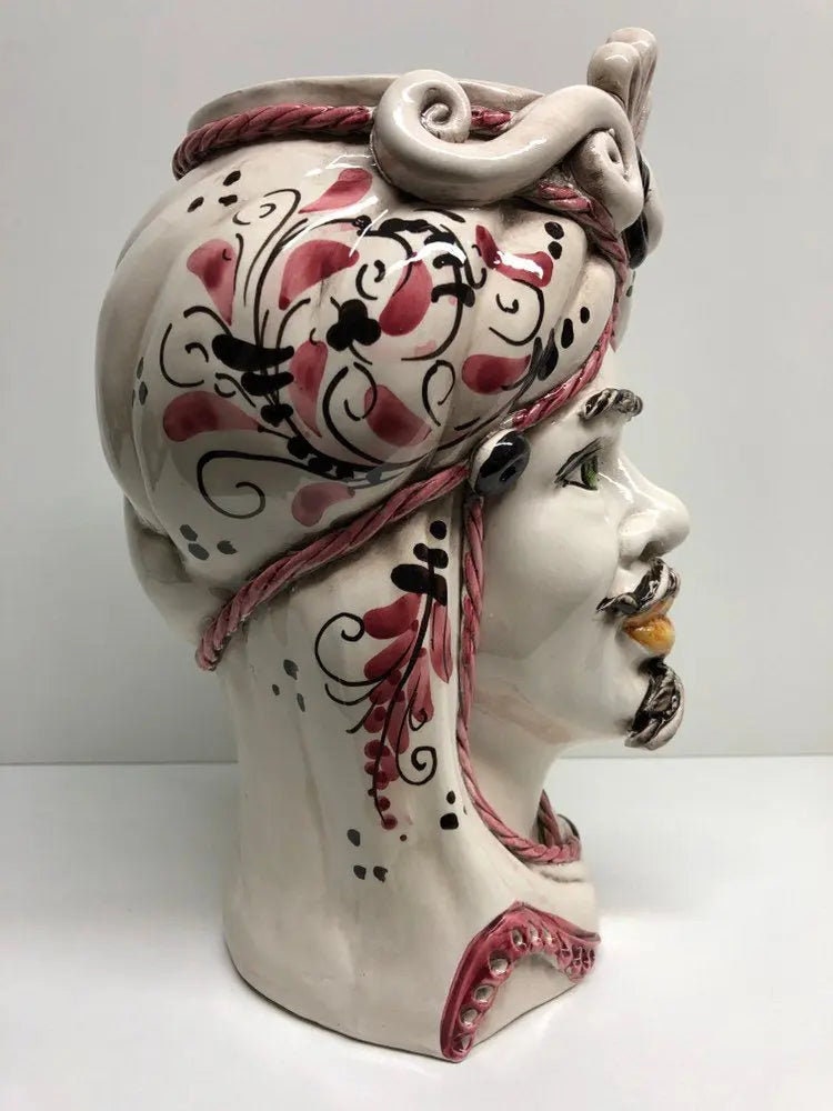 Teste di Moro Moresca Ceramica Caltagirone cm H.28 L.19 Artigianale Barocco Rosa DD CERAMICHE SICILIANE