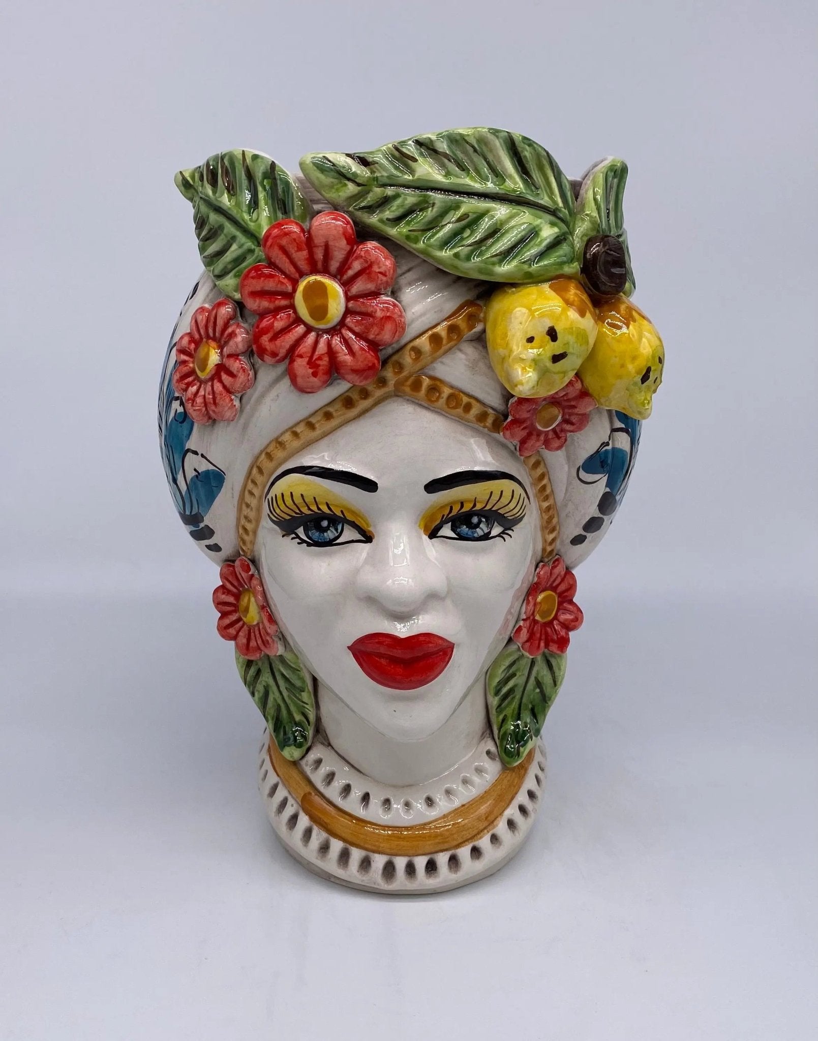 Teste di Moro Moresca Ceramica Caltagirone cm H.28 L.19 Artigianale Turbante Barocco Fiori Limoni - DD CERAMICHE SICILIANE