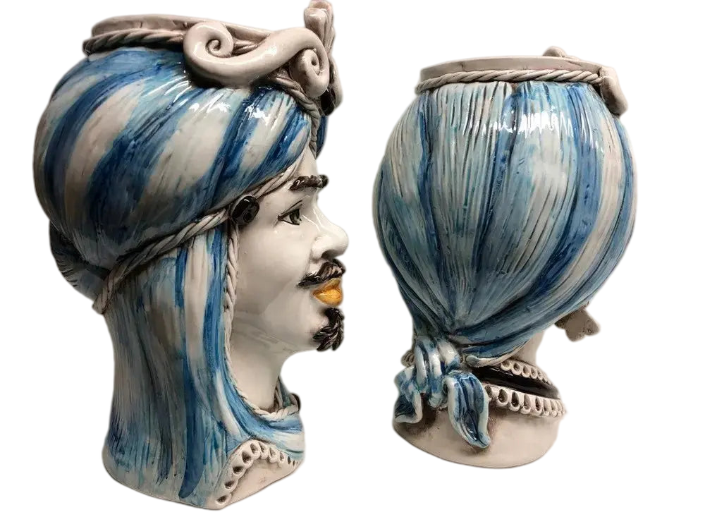 Teste di Moro Moresca Ceramica Caltagirone cm H.28 L.19 Artigianale Turbante Azzurro - DD CERAMICHE SICILIANE