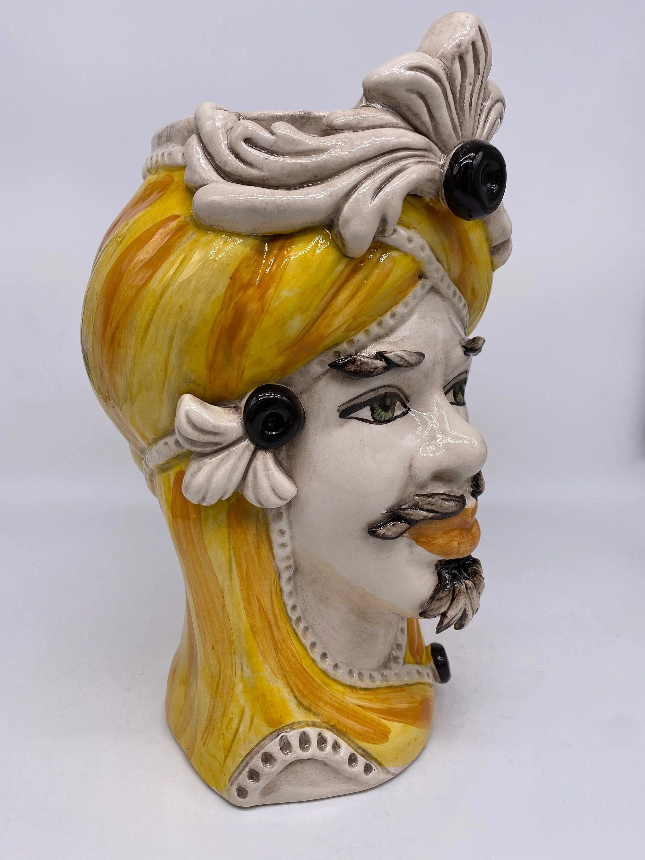 Teste di Moro Moresca Ceramica Caltagirone cm H.28 L.19 Artigianale Turbante Ocra DD CERAMICHE SICILIANE