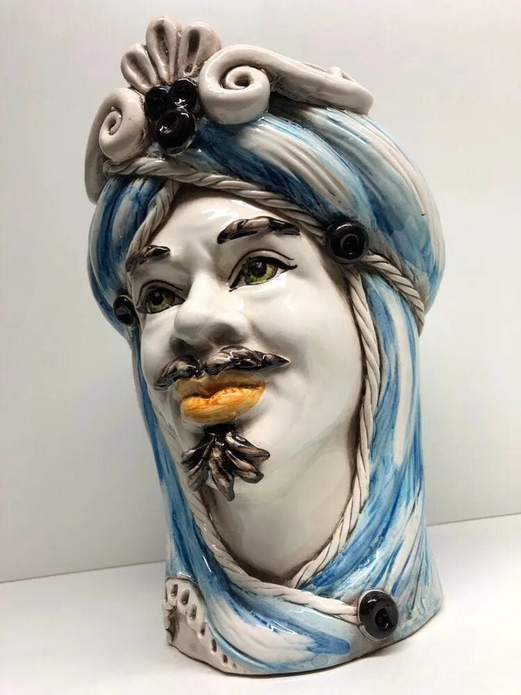 Teste di Moro Moresca Ceramica Caltagirone cm H.28 L.19 Artigianale Turbante Azzurro DD CERAMICHE SICILIANE