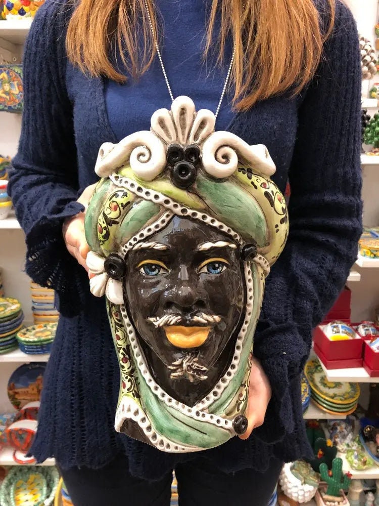 Teste di Moro Moresca Ceramica Caltagirone cm H.28 L.19 Artigianale Decorazione 2020 Verde DD CERAMICHE SICILIANE