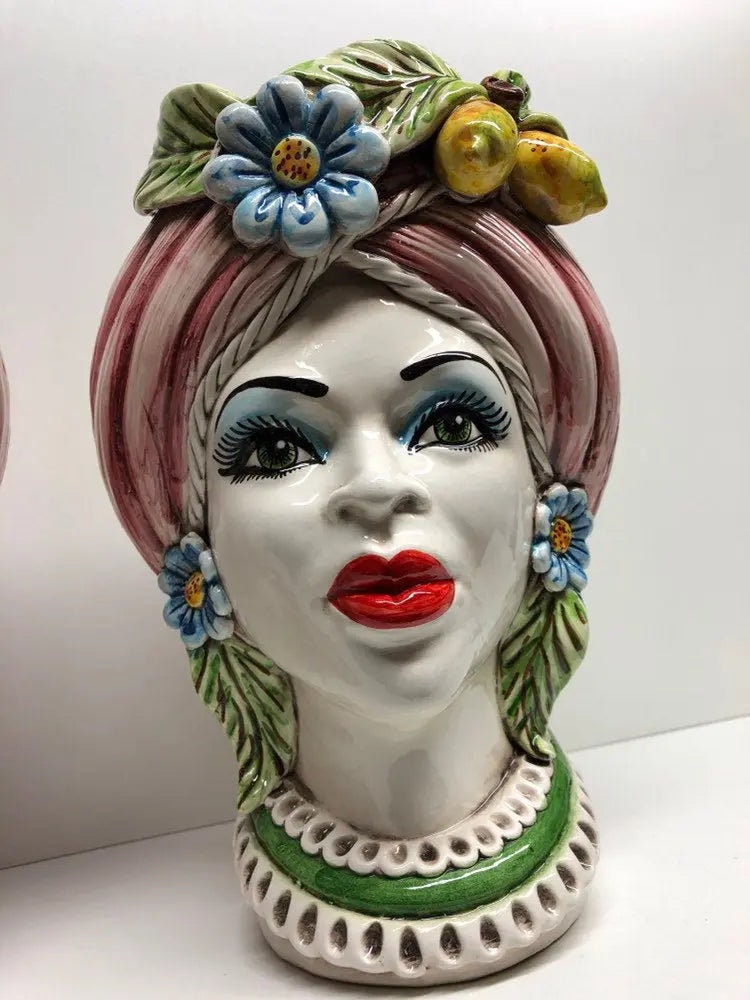 Teste di Moro Moresca Ceramica Caltagirone cm H.28 L.19 Artigianale Turbante Rosa Fiori Limoni DD CERAMICHE SICILIANE