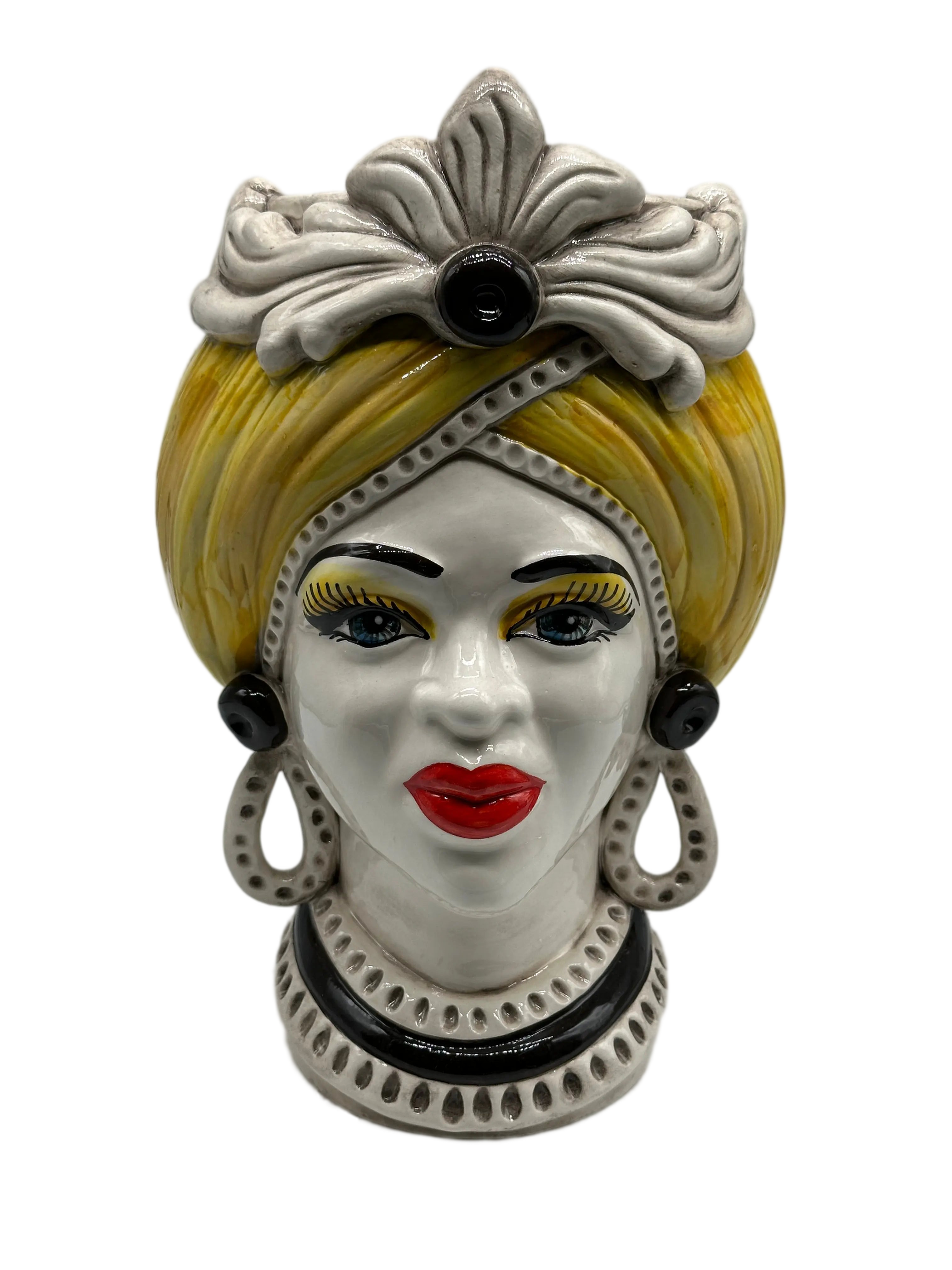 Teste di Moro Moresca Ceramica Caltagirone cm H.28 L.19 Artigianale Turbante Ocra DD CERAMICHE SICILIANE