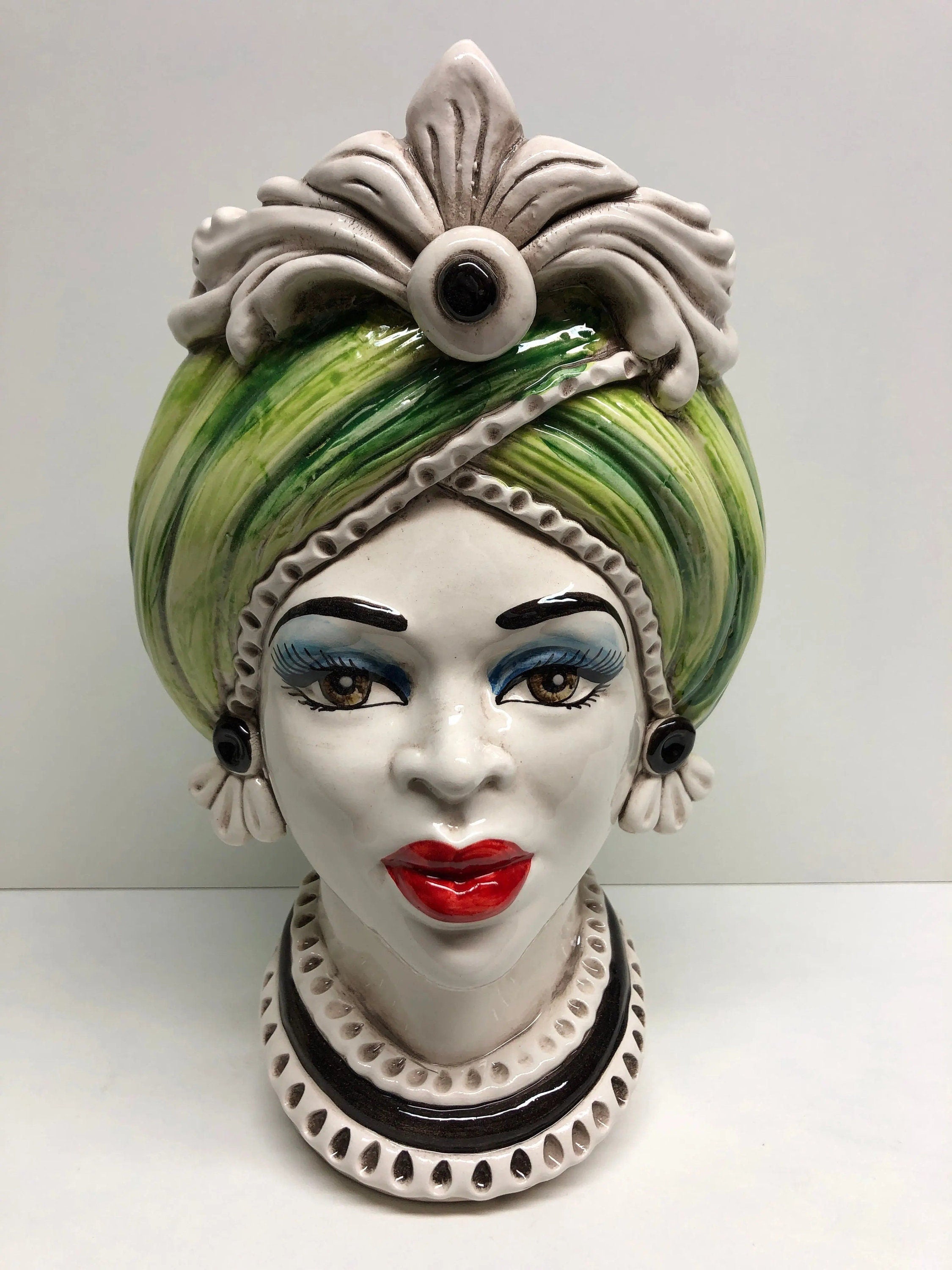 Teste di Moro Moresca Ceramica Caltagirone cm H.28 L.19 Artigianale Turbante Verde DD CERAMICHE SICILIANE