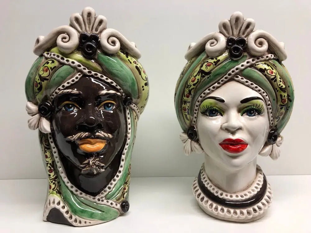 Teste di Moro Moresca Ceramica Caltagirone cm H.28 L.19 Artigianale Decorazione 2020 Verde DD CERAMICHE SICILIANE