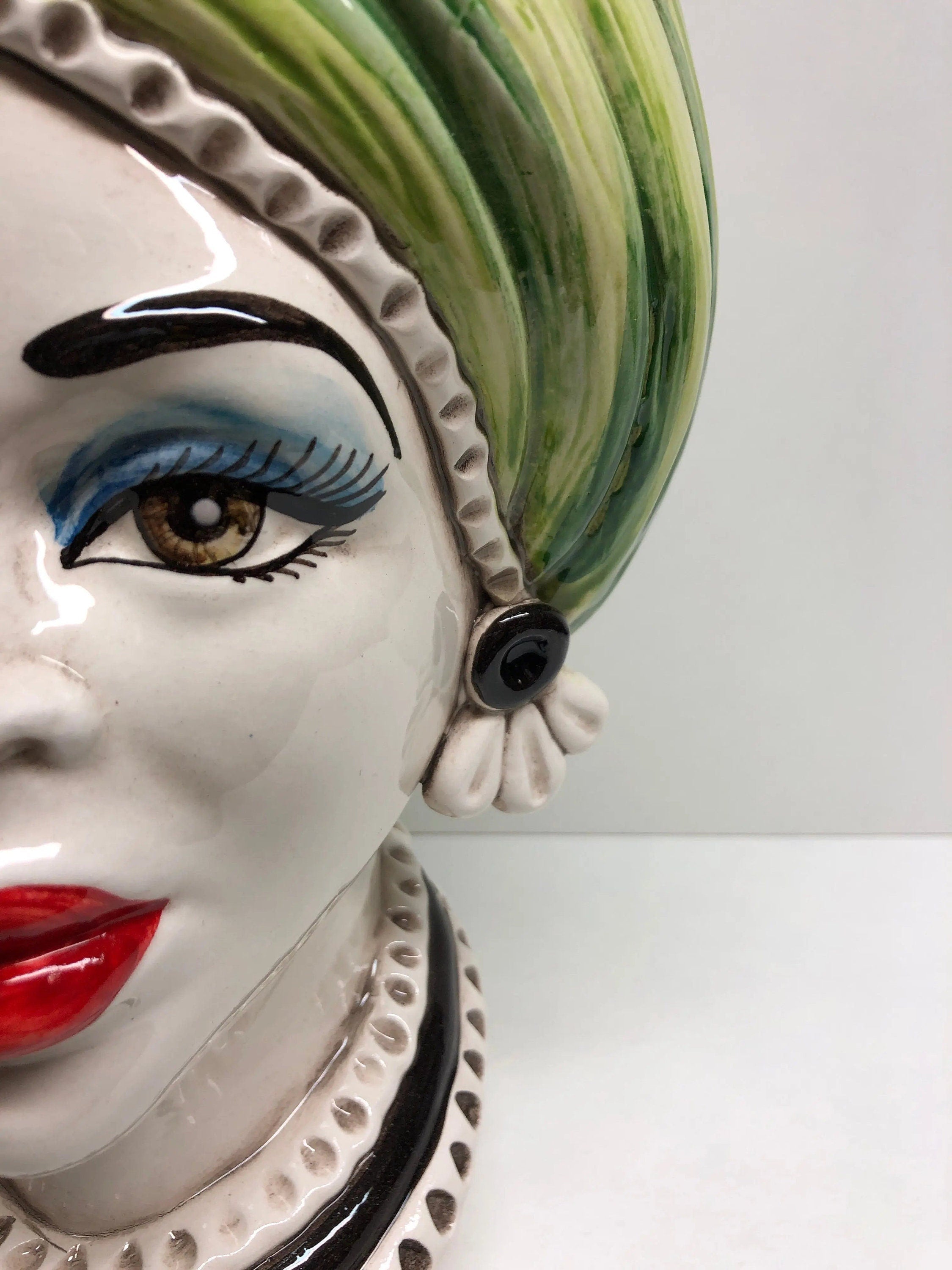 Teste di Moro Moresca Ceramica Caltagirone cm H.28 L.19 Artigianale Turbante Verde DD CERAMICHE SICILIANE