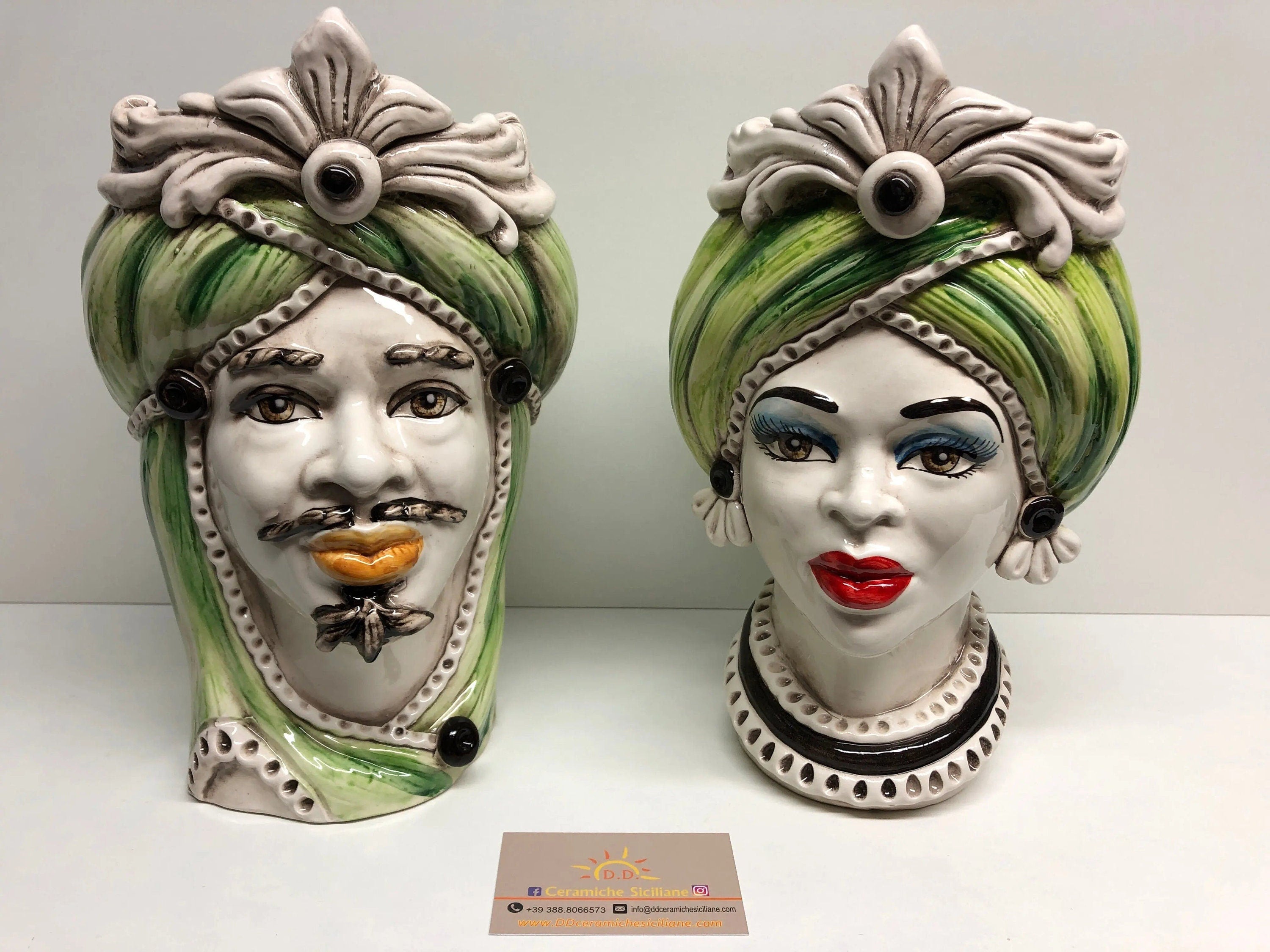 Teste di Moro Moresca Ceramica Caltagirone cm H.28 L.19 Artigianale Turbante Verde DD CERAMICHE SICILIANE