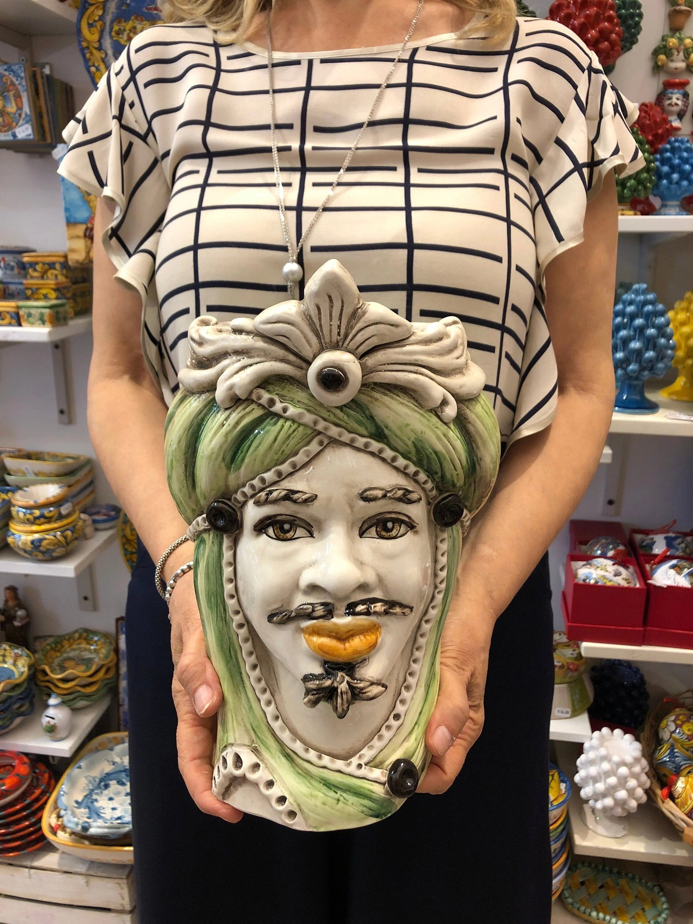 Teste di Moro Moresca Ceramica Caltagirone cm H.28 L.19 Artigianale Turbante Verde DD CERAMICHE SICILIANE
