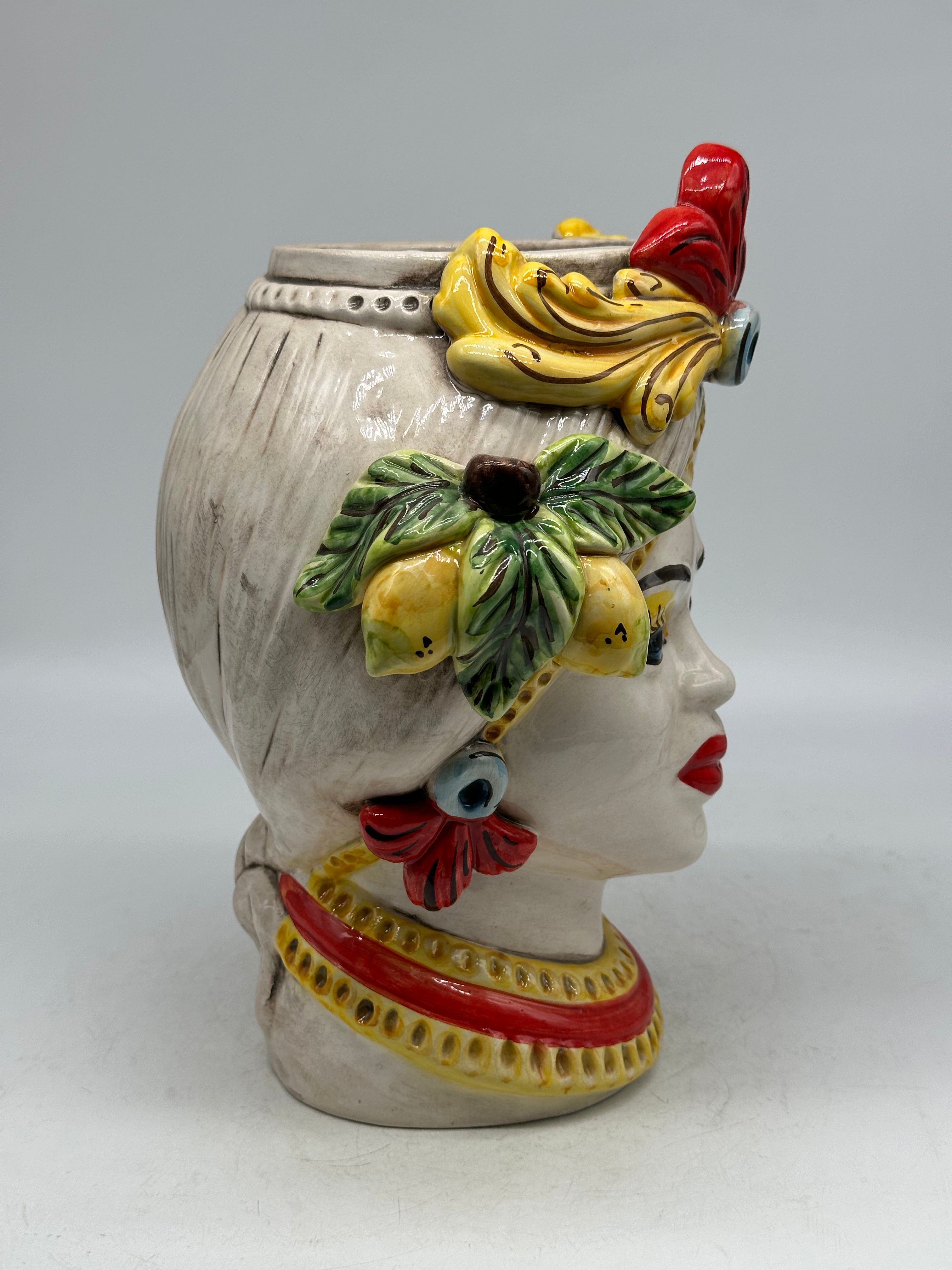 Teste di Moro Moresca Ceramica Caltagirone cm H.28 L.22 Artigianale Turbante Avorio Fiori Limoni