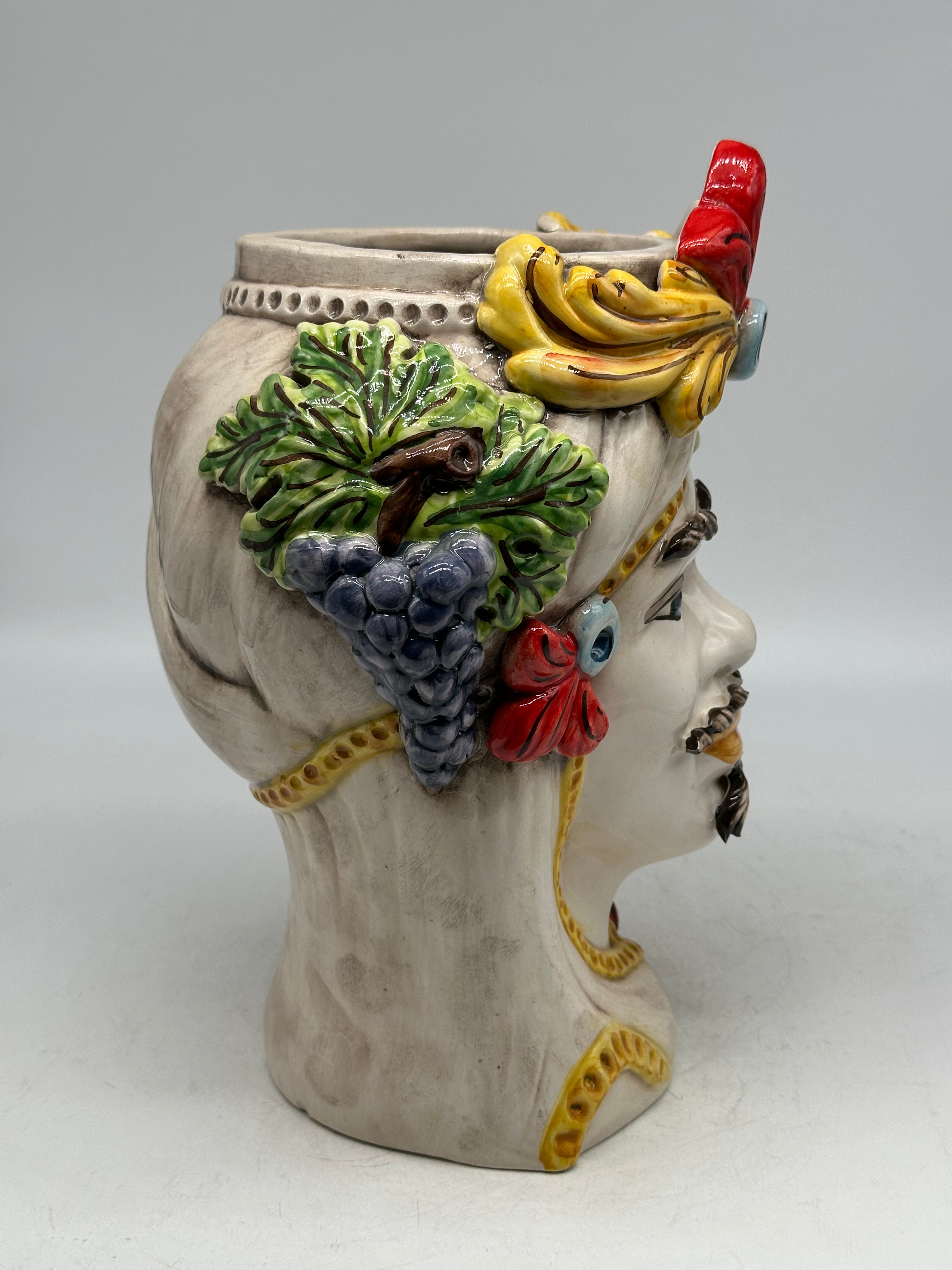 Teste di Moro Moresca Ceramica Caltagirone cm H.28 L.22 Artigianale Turbante Avorio Fiori Limoni