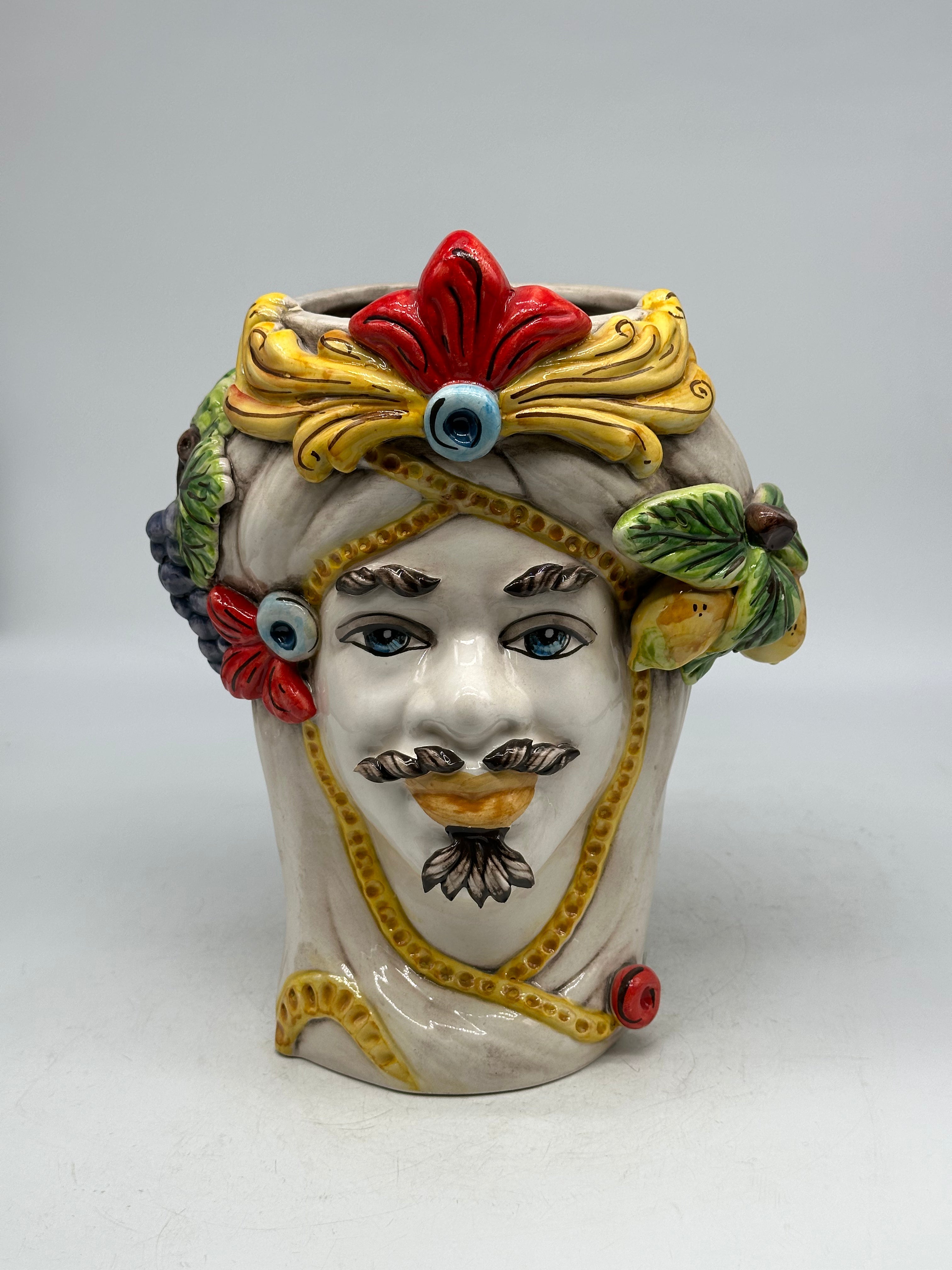 Teste di Moro Moresca Ceramica Caltagirone cm H.28 L.22 Artigianale Turbante Avorio Fiori Limoni - Uomo
