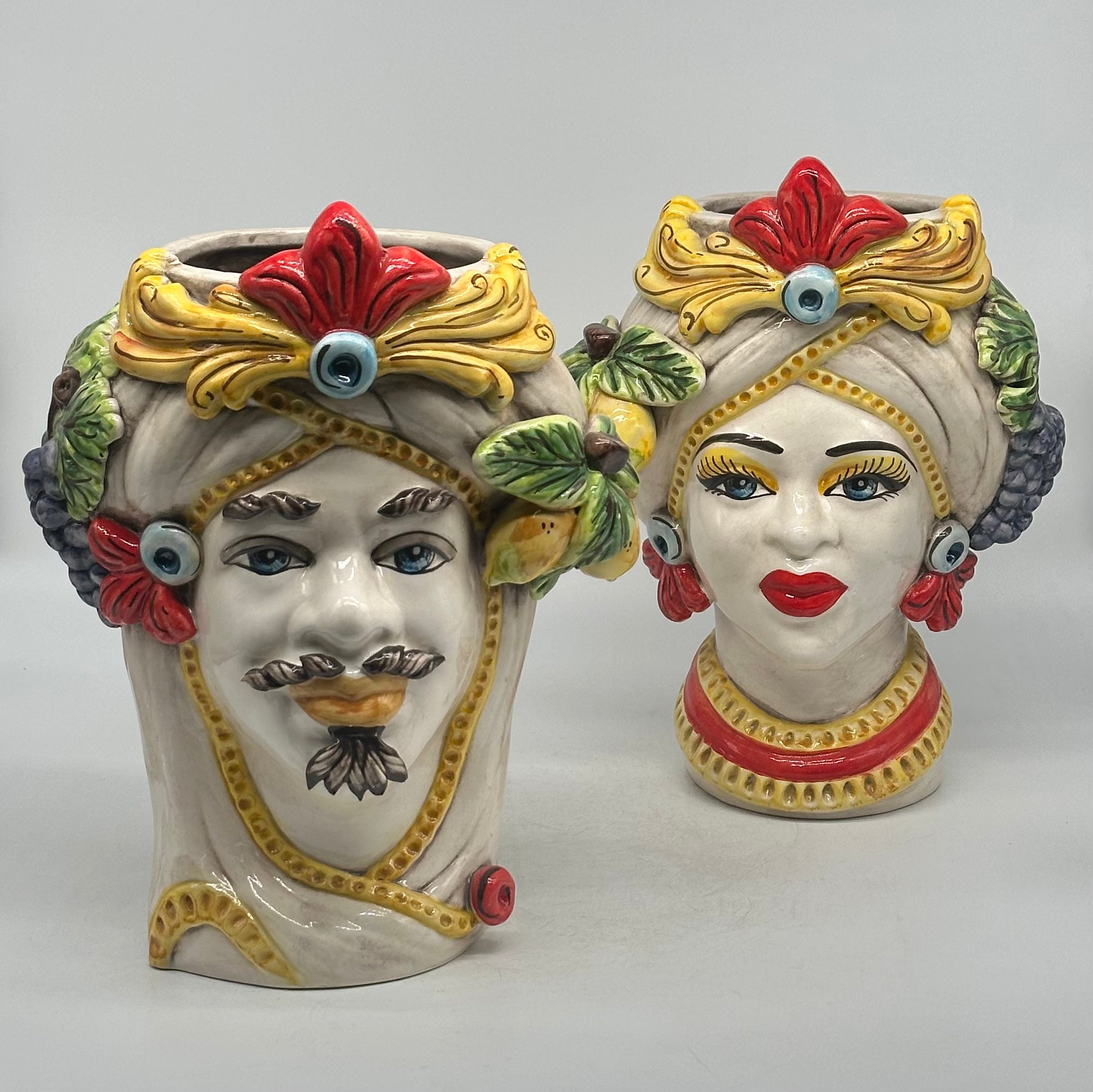 Teste di Moro Moresca Ceramica Caltagirone cm H.28 L.22 Artigianale Turbante Avorio Fiori Limoni