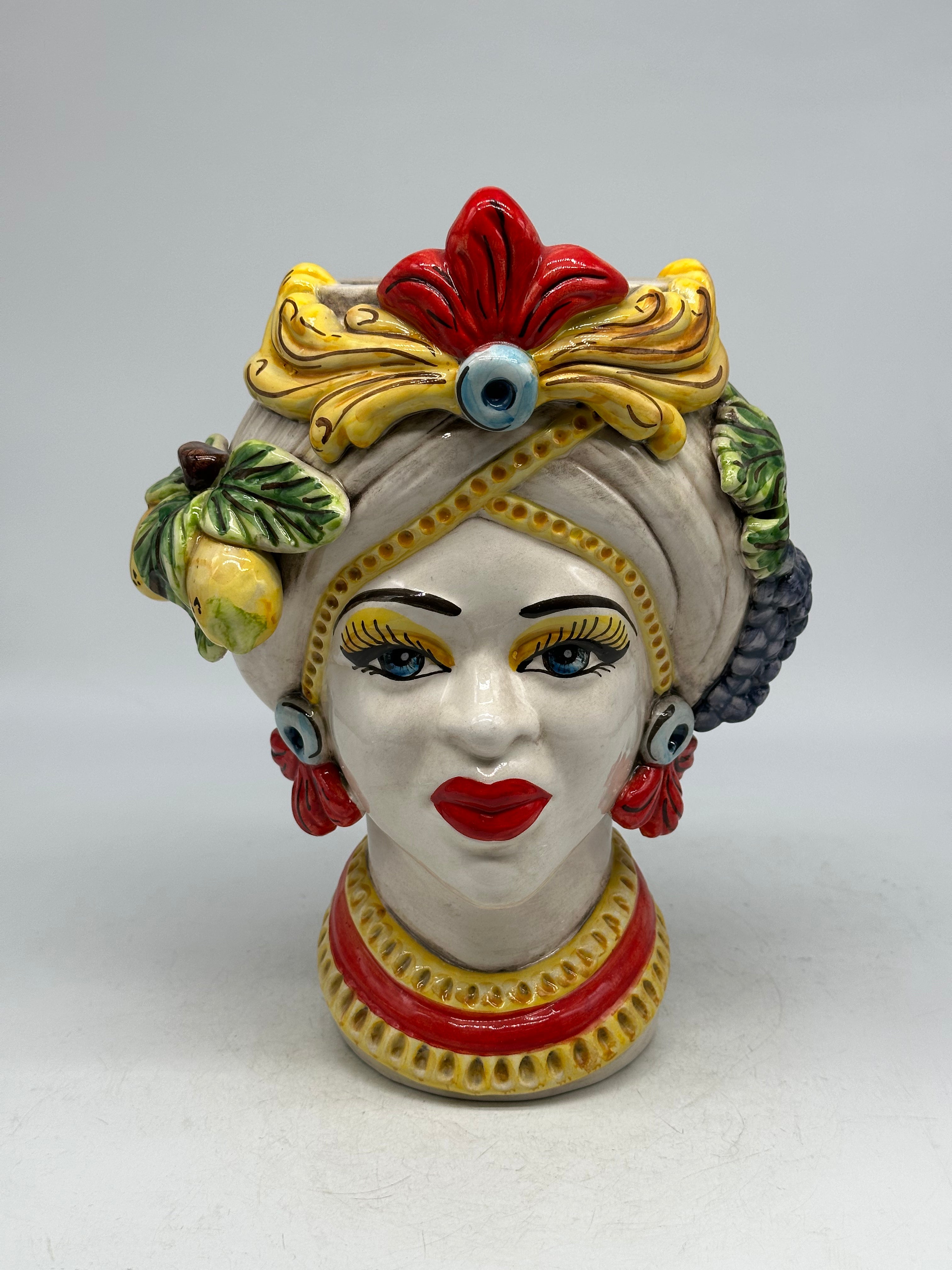 Teste di Moro Moresca Ceramica Caltagirone cm H.28 L.22 Artigianale Turbante Avorio Fiori Limoni - Donna