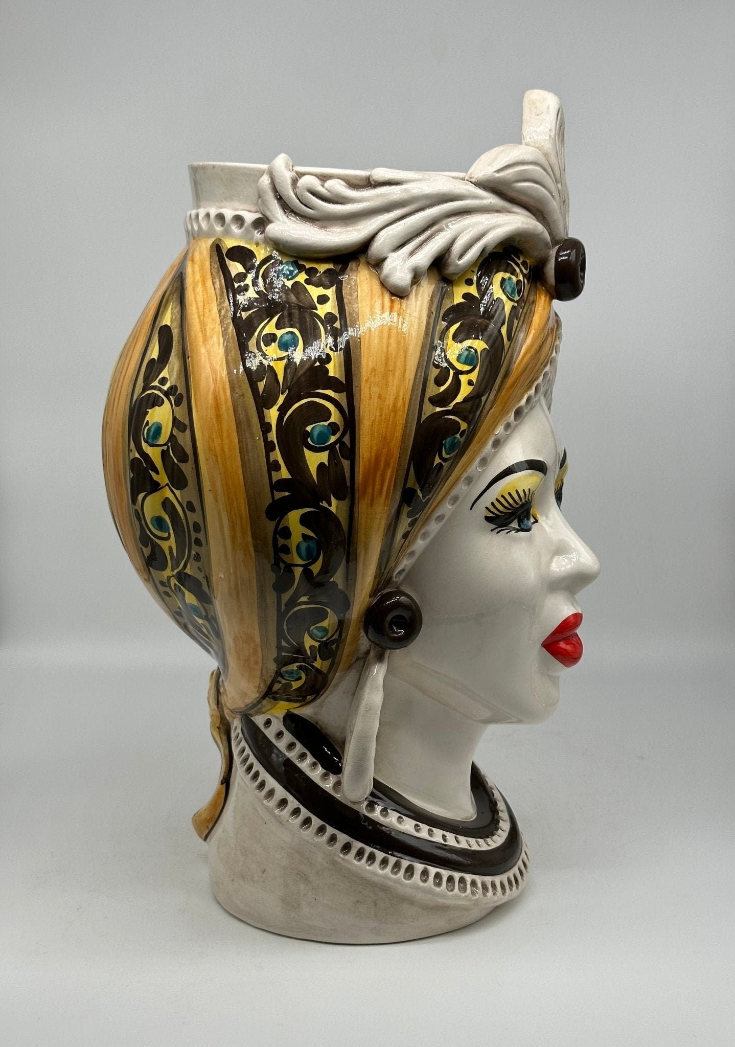 Teste di Moro Moresca Ceramica Caltagirone cm H.40 L.24 Artigianale Barocco Arancio - DD CERAMICHE SICILIANE