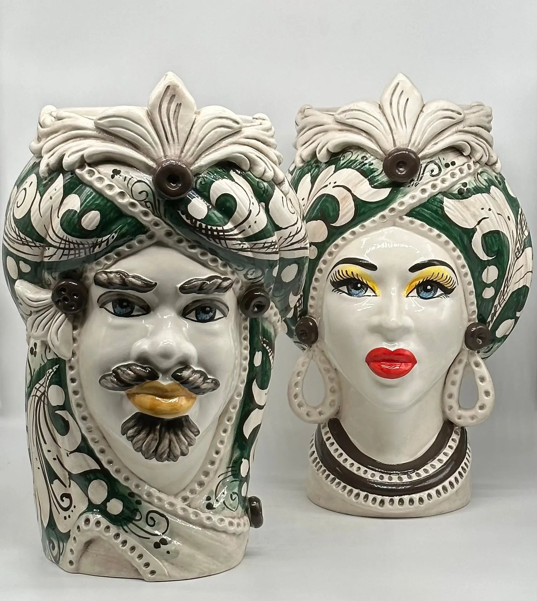 Teste di Moro Moresca Ceramica Caltagirone cm H.40 L.24 Artigianale Barocco Verde Prato - TESTA DI MORO