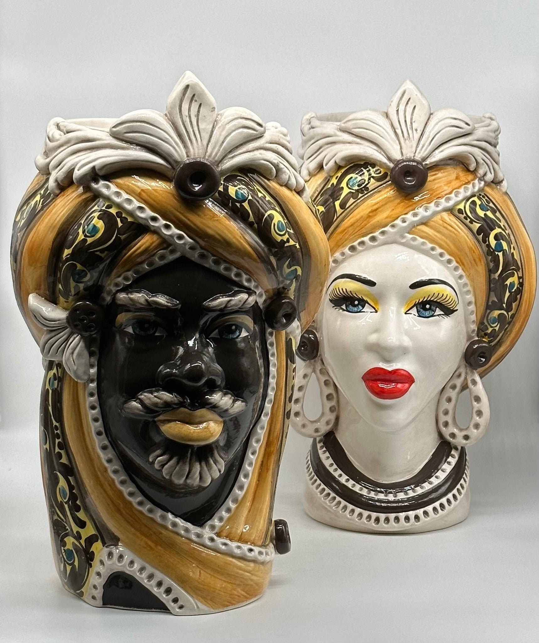 Teste di Moro Moresca Ceramica Caltagirone cm H.40 L.24 Artigianale Barocco Arancio - DD CERAMICHE SICILIANE