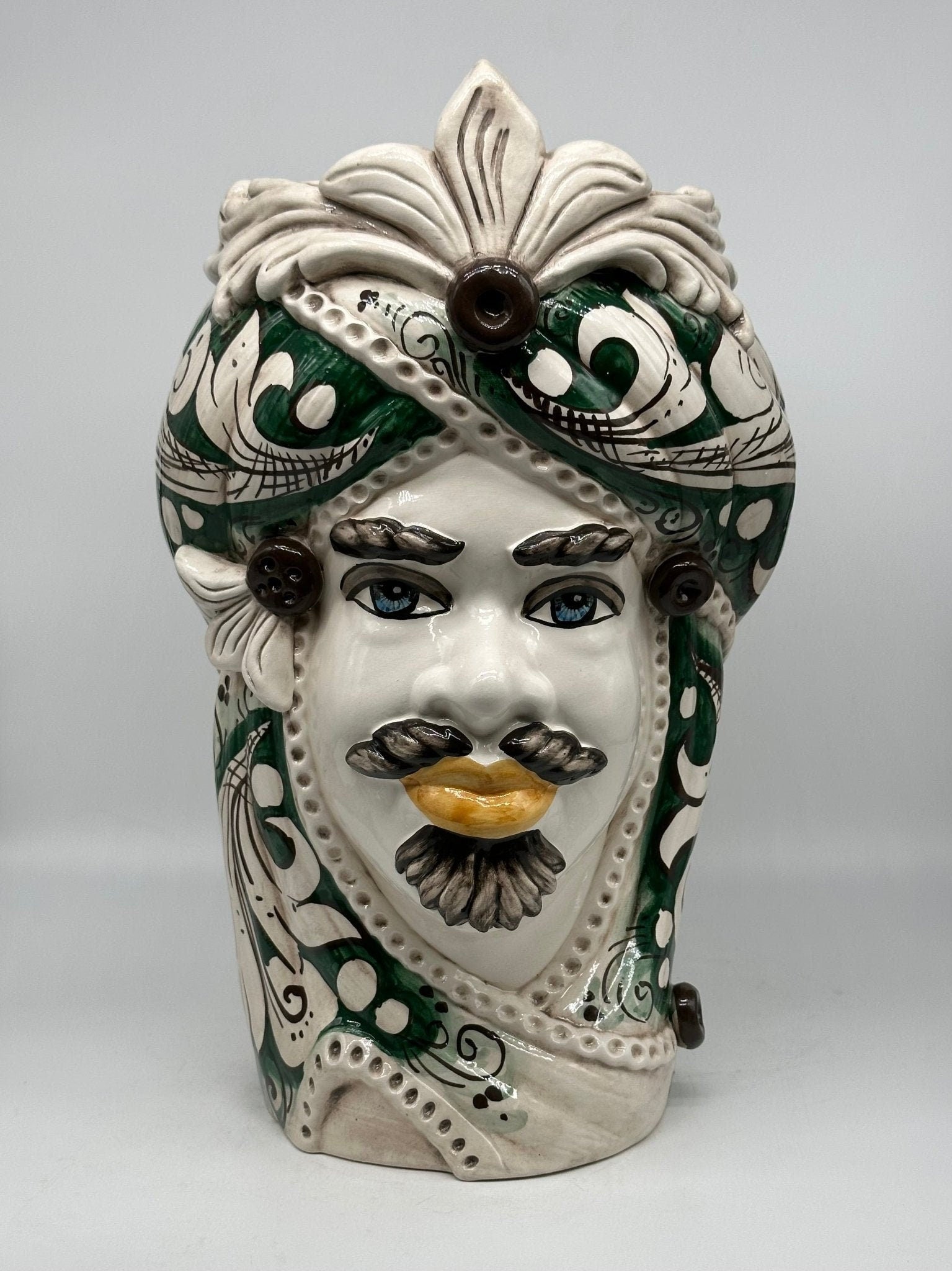 Teste di Moro Moresca Ceramica Caltagirone cm H.40 L.24 Artigianale Barocco Verde Prato - DD CERAMICHE SICILIANE