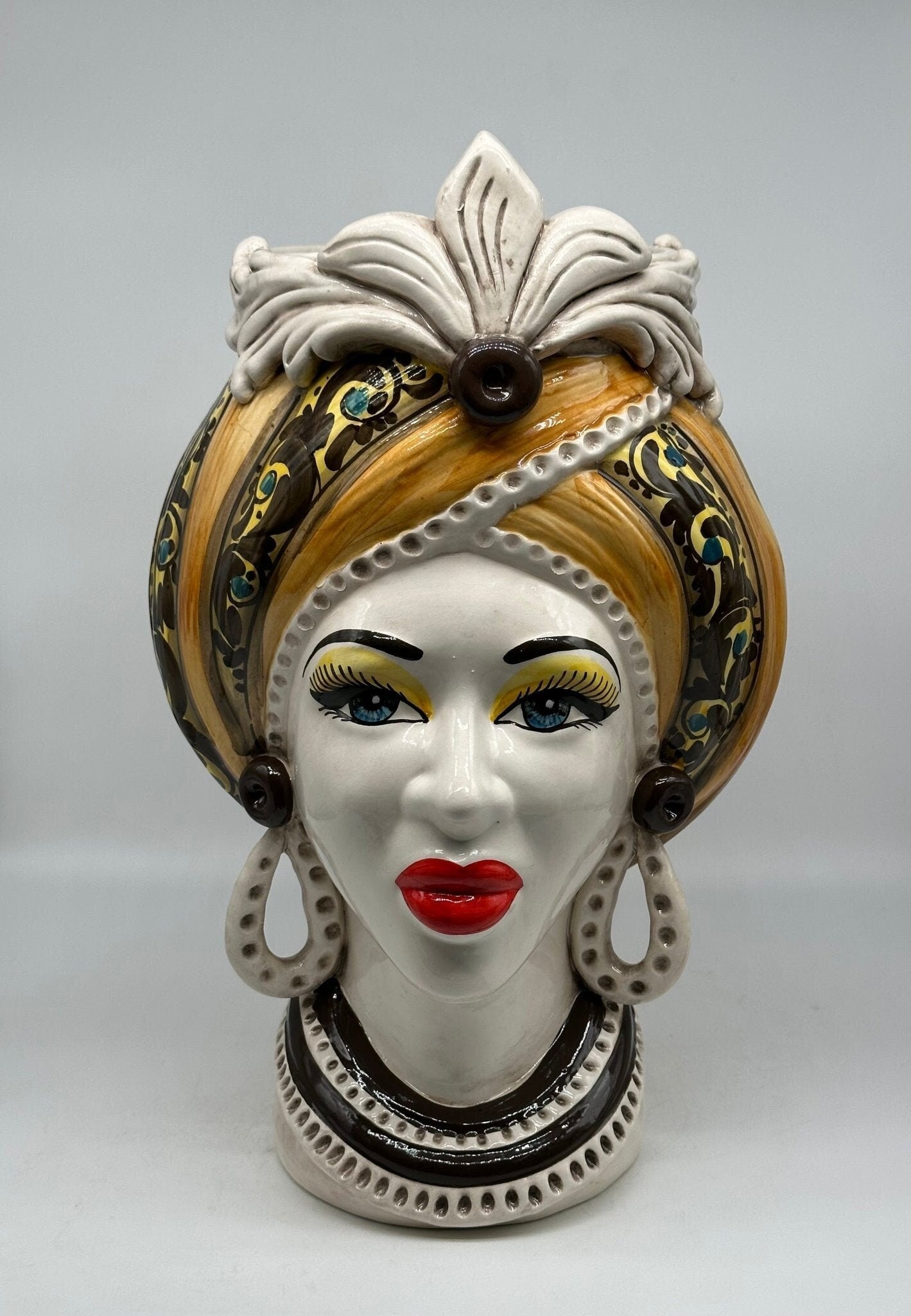 Teste di Moro Moresca Ceramica Caltagirone cm H.40 L.24 Artigianale Barocco Arancio - DD CERAMICHE SICILIANE