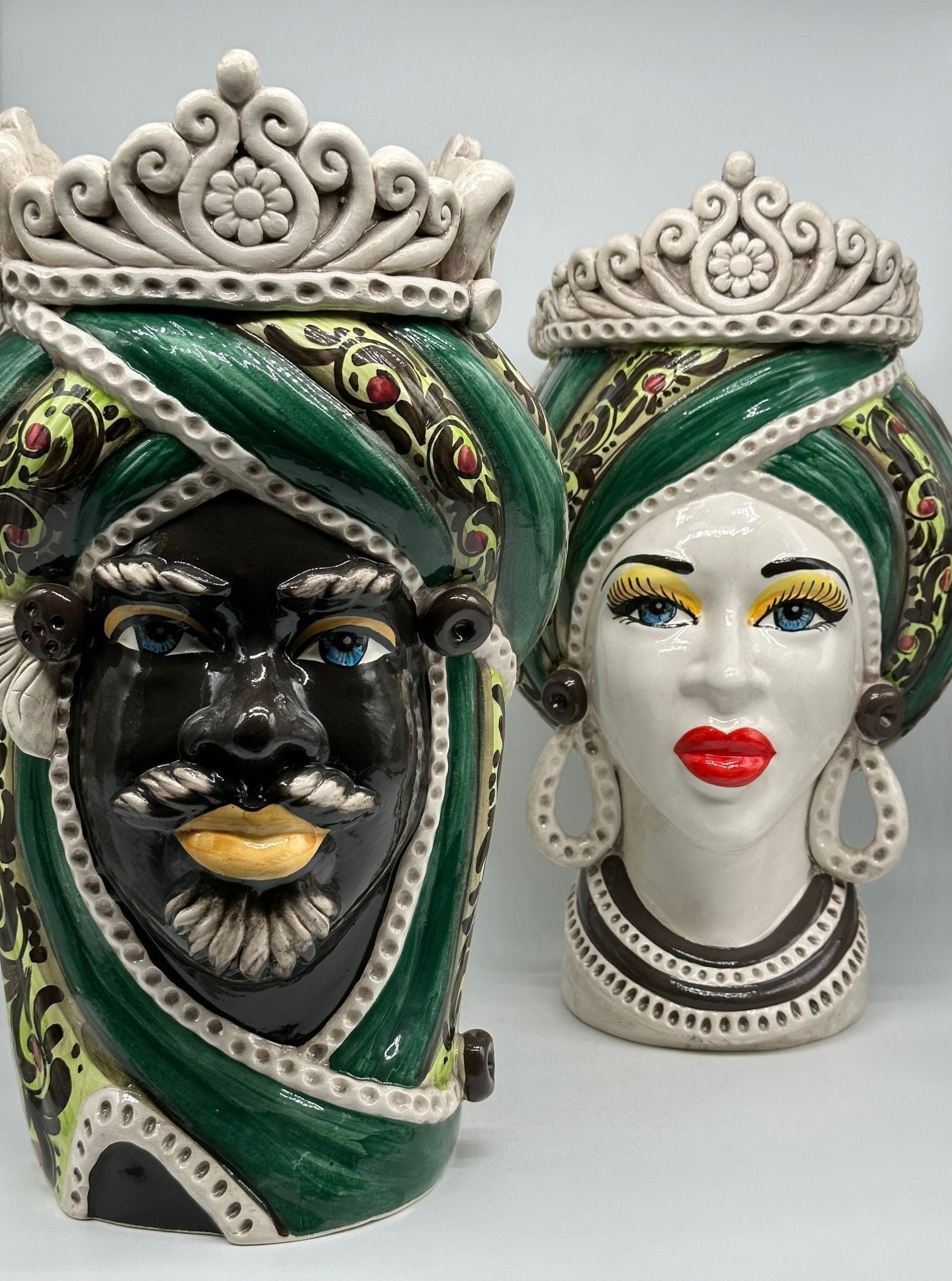 Teste di Moro Moresca Ceramica Caltagirone cm H.40 L.24 Artigianale Barocco Verde - DD CERAMICHE SICILIANE