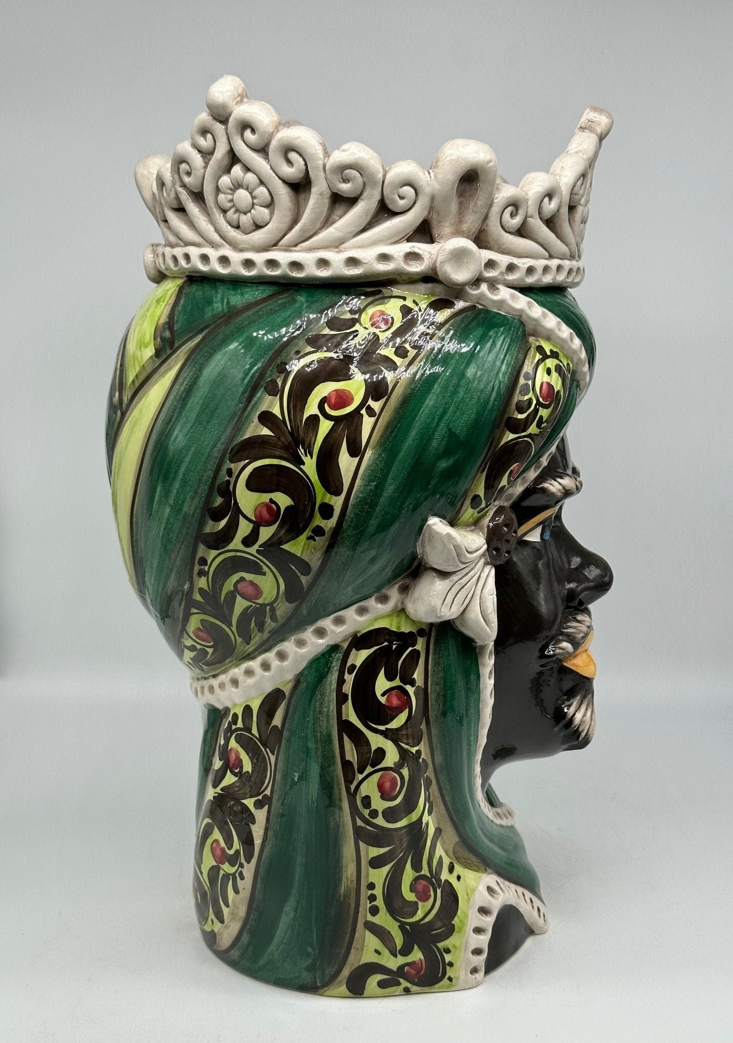 Teste di Moro Moresca Ceramica Caltagirone cm H.40 L.24 Artigianale Barocco Verde - DD CERAMICHE SICILIANE