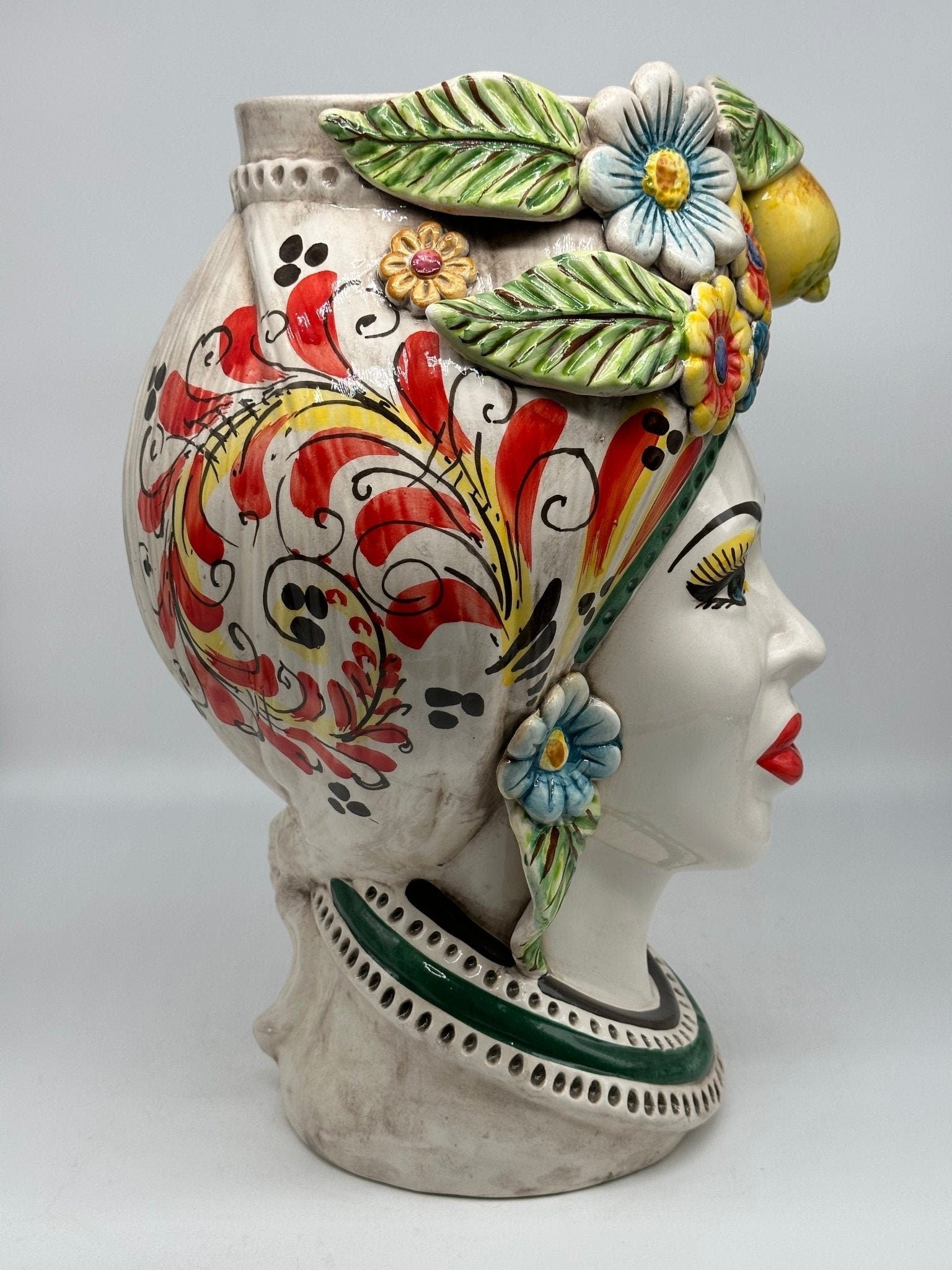 Teste di Moro Moresca Ceramica Caltagirone cm H.40 L.24 Artigianale Barocco Fiori Limoni - DD CERAMICHE SICILIANE