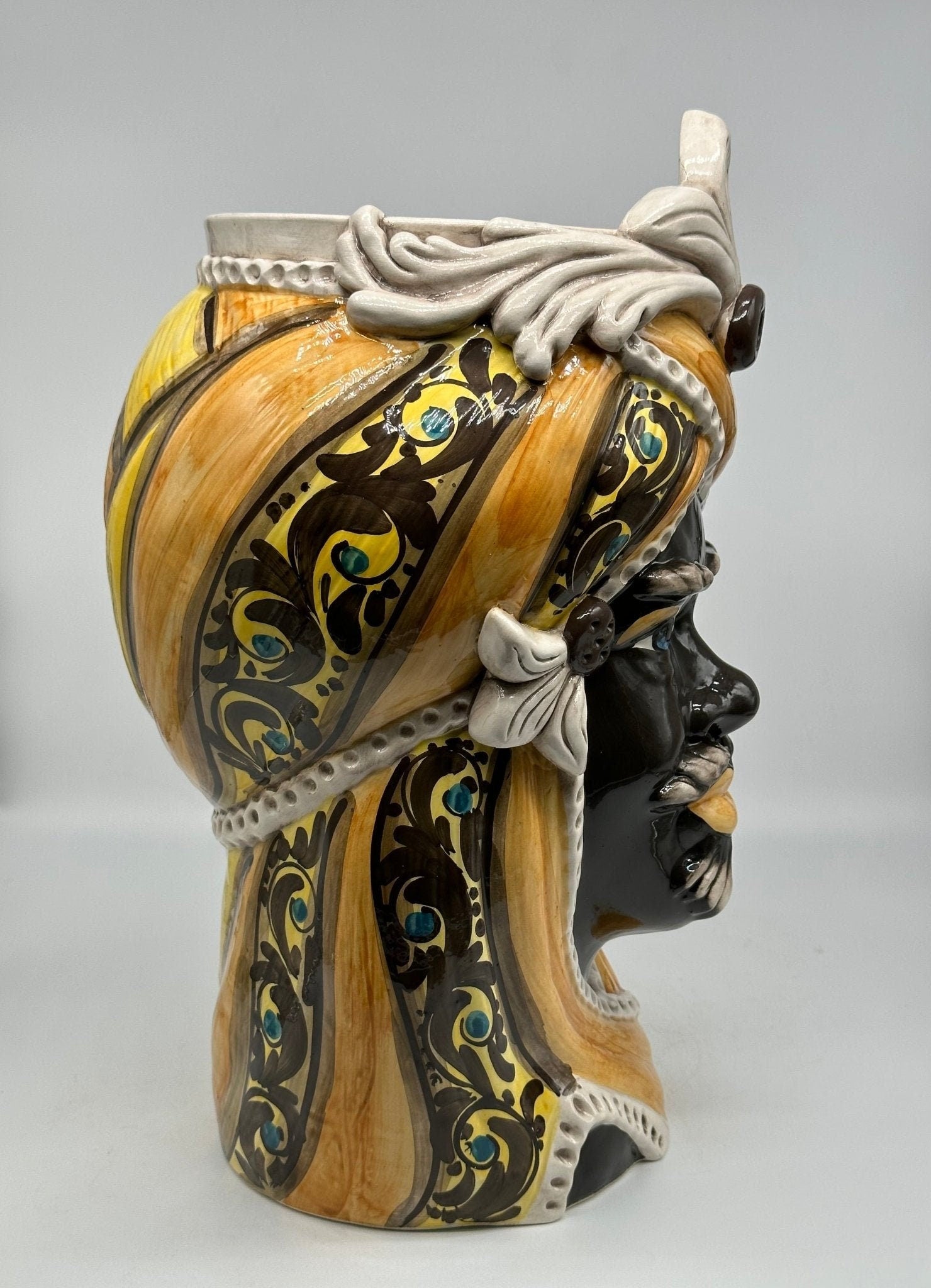 Teste di Moro Moresca Ceramica Caltagirone cm H.40 L.24 Artigianale Barocco Arancio - DD CERAMICHE SICILIANE