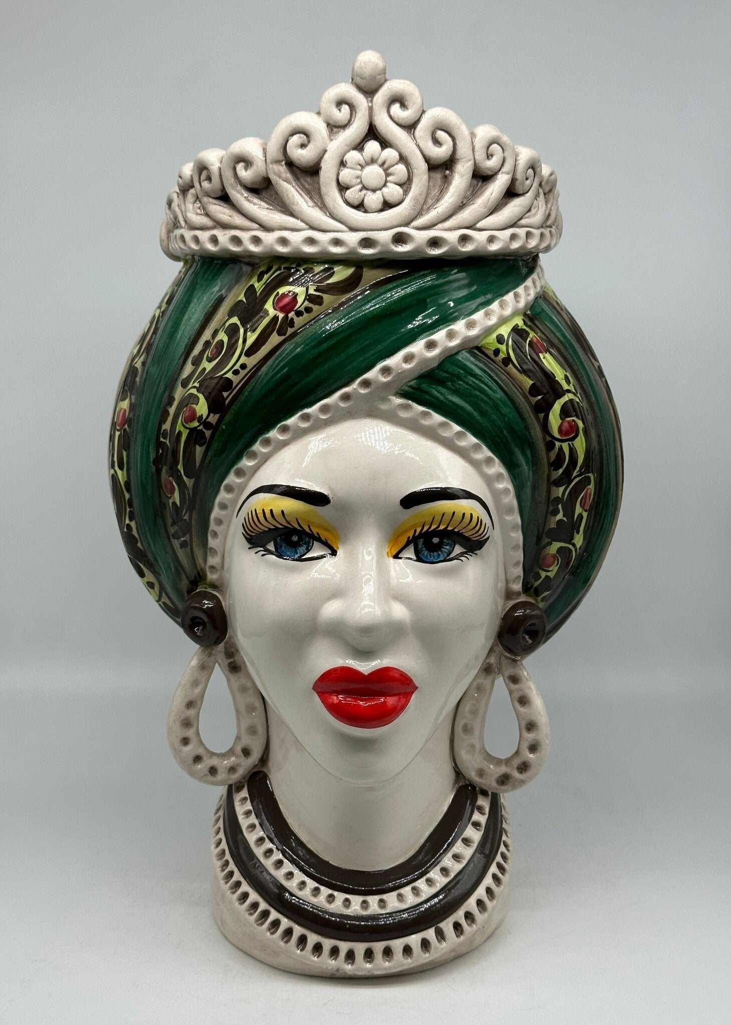 Teste di Moro Moresca Ceramica Caltagirone cm H.40 L.24 Artigianale Barocco Verde - DD CERAMICHE SICILIANE