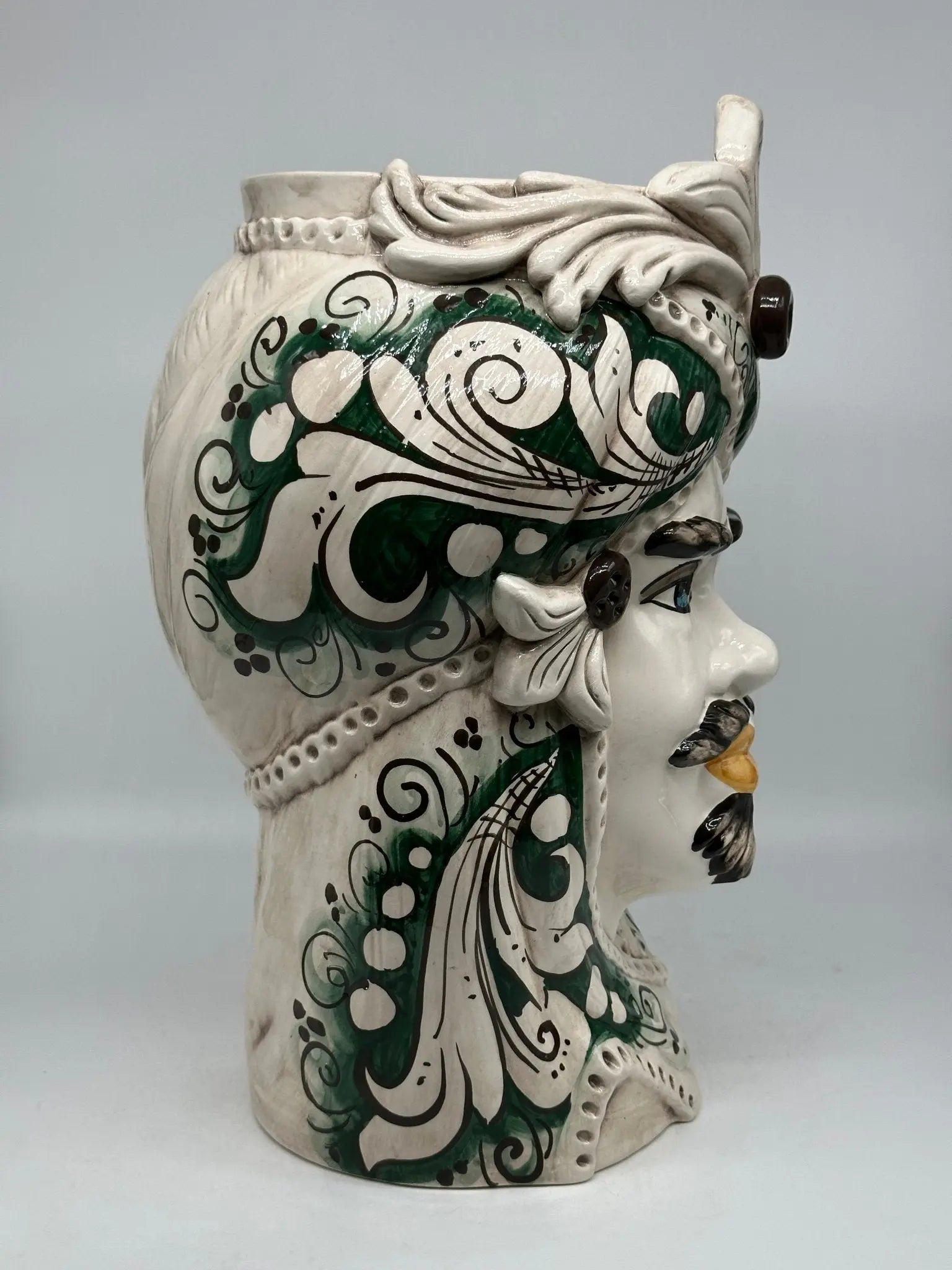 Teste di Moro Moresca Ceramica Caltagirone cm H.40 L.24 Artigianale Barocco Verde Prato - TESTA DI MORO
