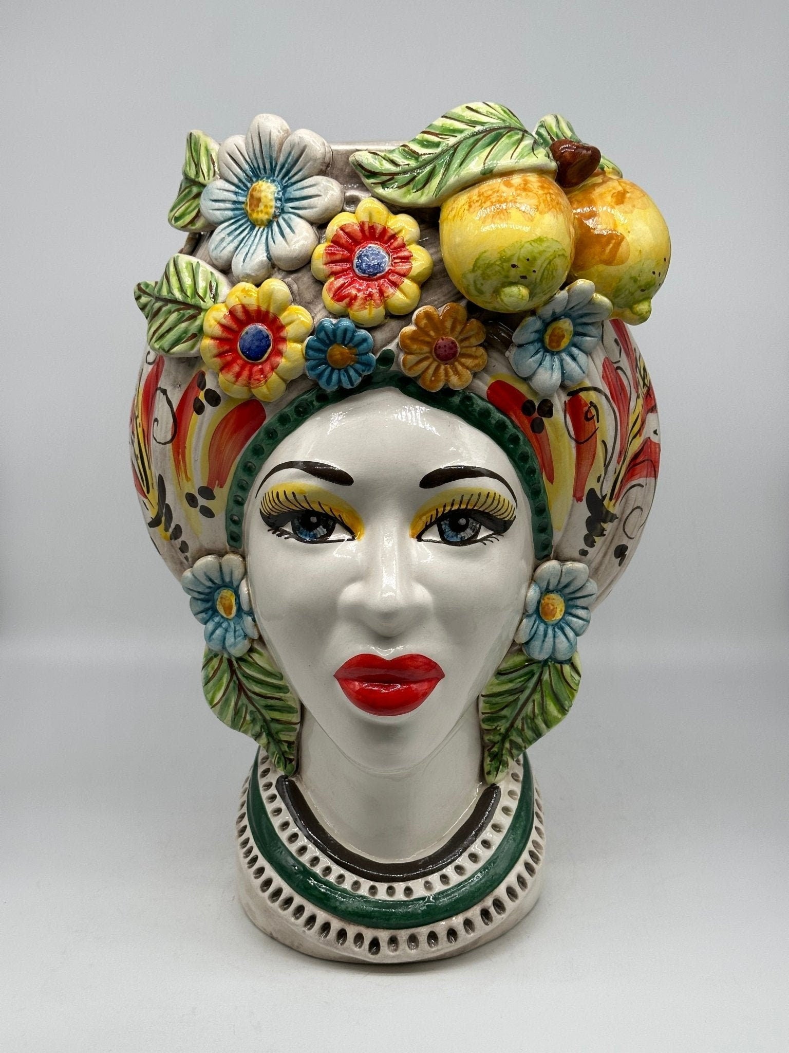 Teste di Moro Moresca Ceramica Caltagirone cm H.40 L.24 Artigianale Barocco Fiori Limoni - DD CERAMICHE SICILIANE