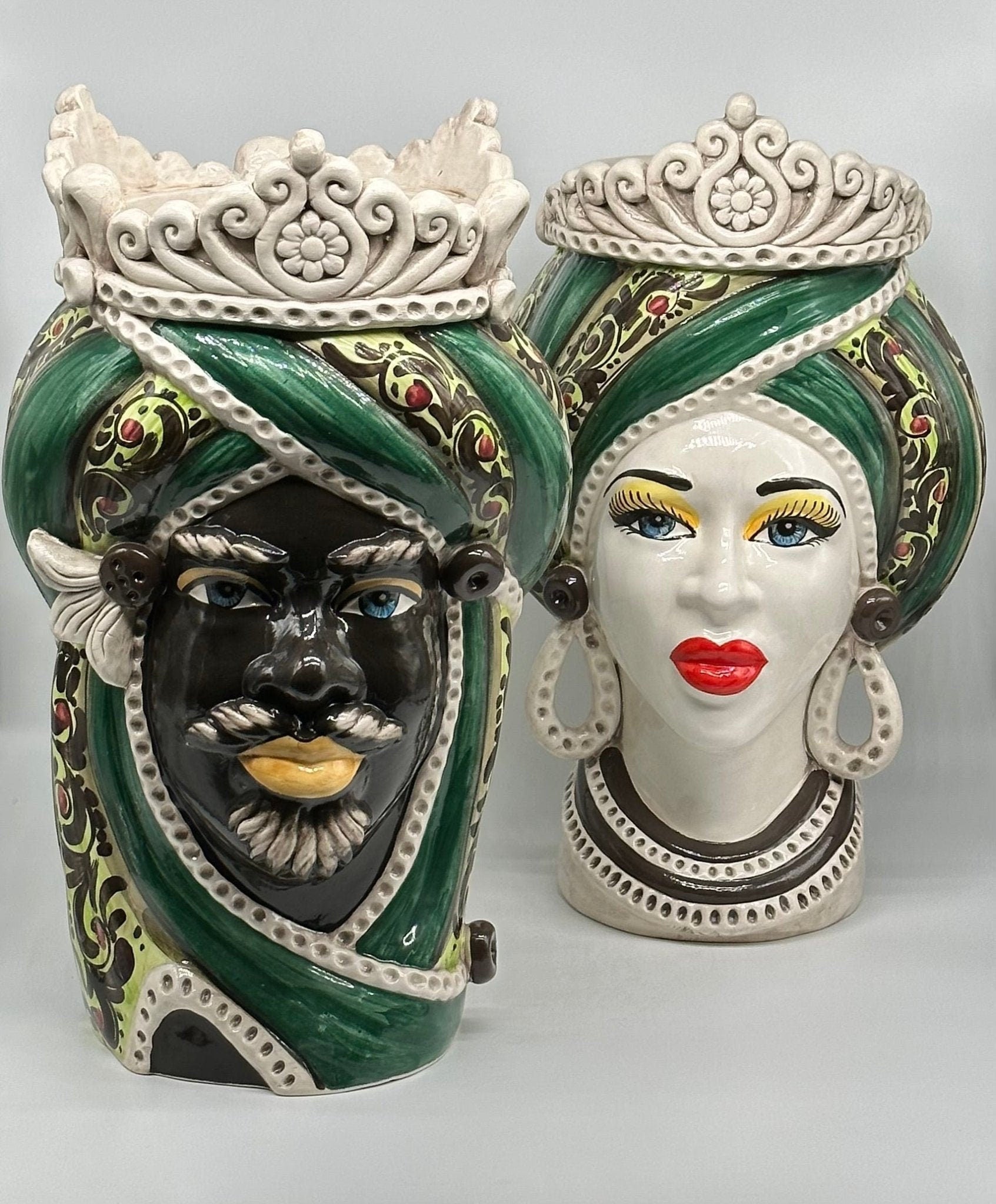 Teste di Moro Moresca Ceramica Caltagirone cm H.40 L.24 Artigianale Barocco Verde - DD CERAMICHE SICILIANE