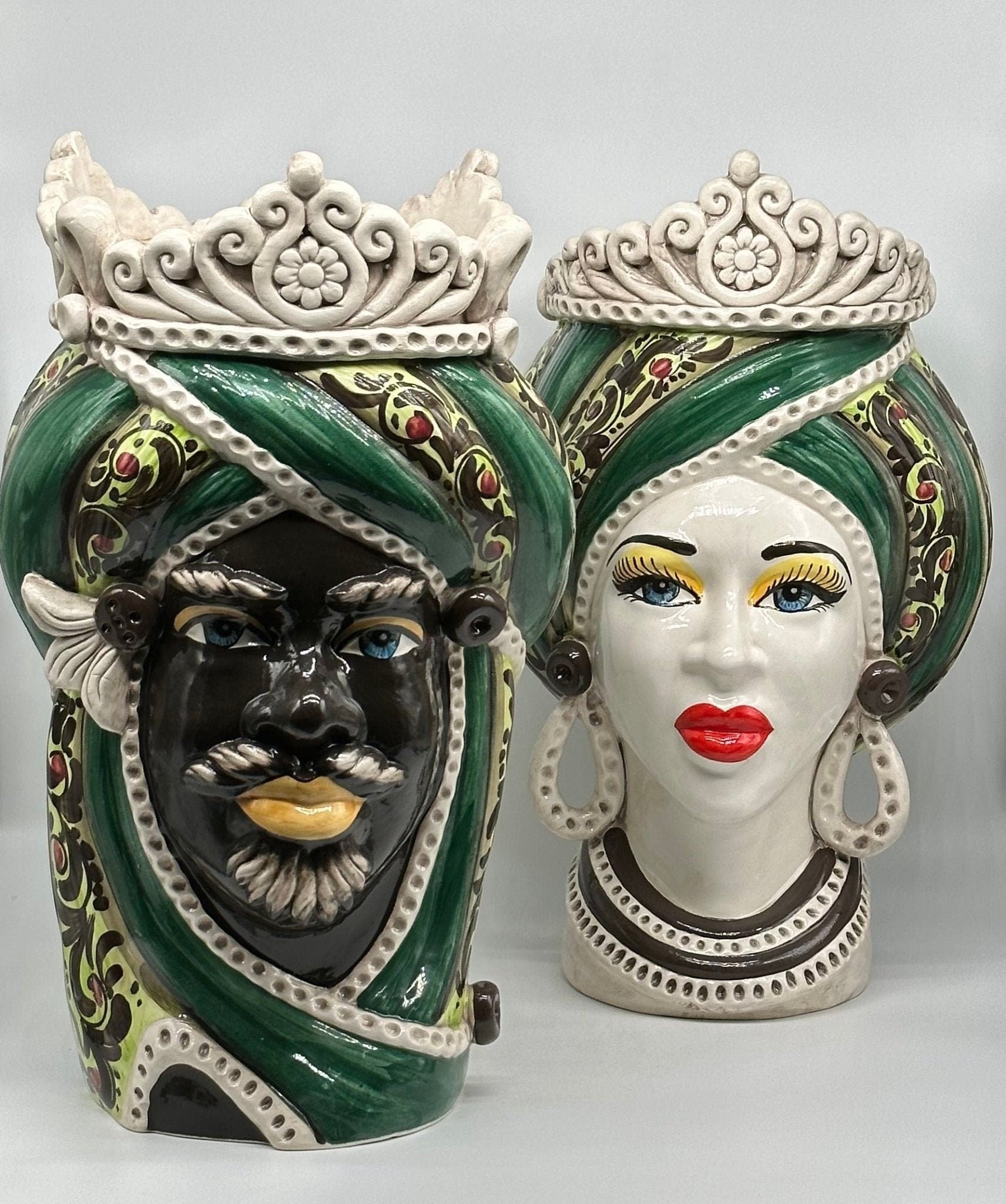 Teste di Moro Moresca Ceramica Caltagirone cm H.40 L.24 Artigianale Barocco Verde - DD CERAMICHE SICILIANE