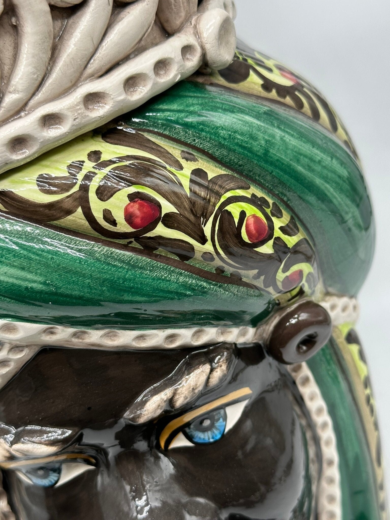 Teste di Moro Moresca Ceramica Caltagirone cm H.40 L.24 Artigianale Barocco Verde - DD CERAMICHE SICILIANE