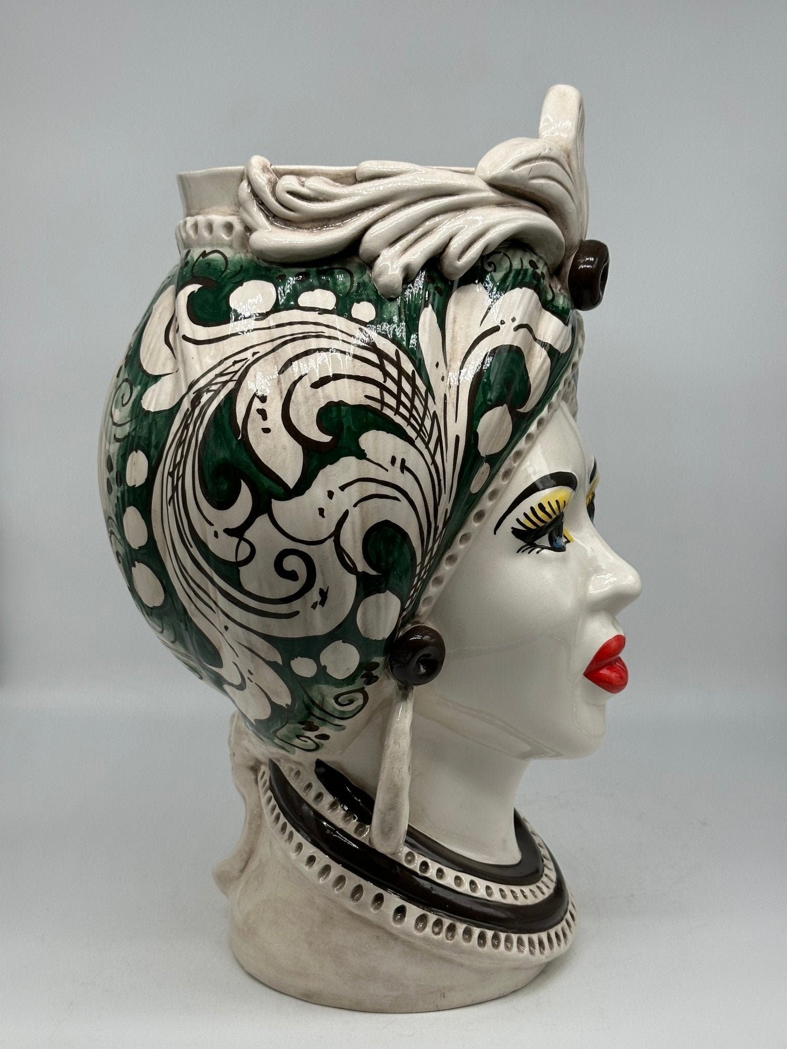Teste di Moro Moresca Ceramica Caltagirone cm H.40 L.24 Artigianale Barocco Verde Prato - DD CERAMICHE SICILIANE