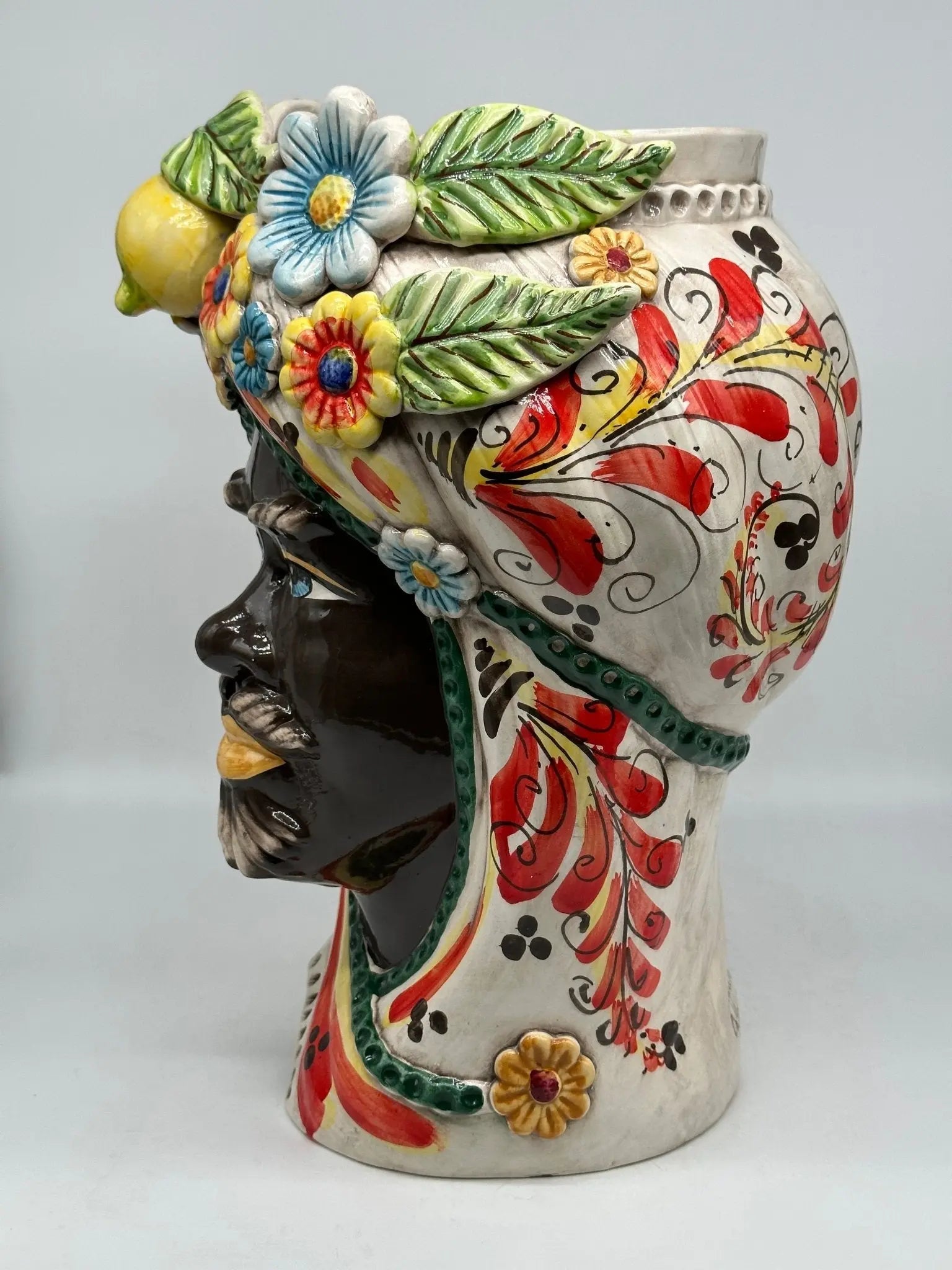 Teste di Moro Moresca Ceramica Caltagirone cm H.40 L.24 Artigianale Barocco Fiori Limoni - TESTA DI MORO