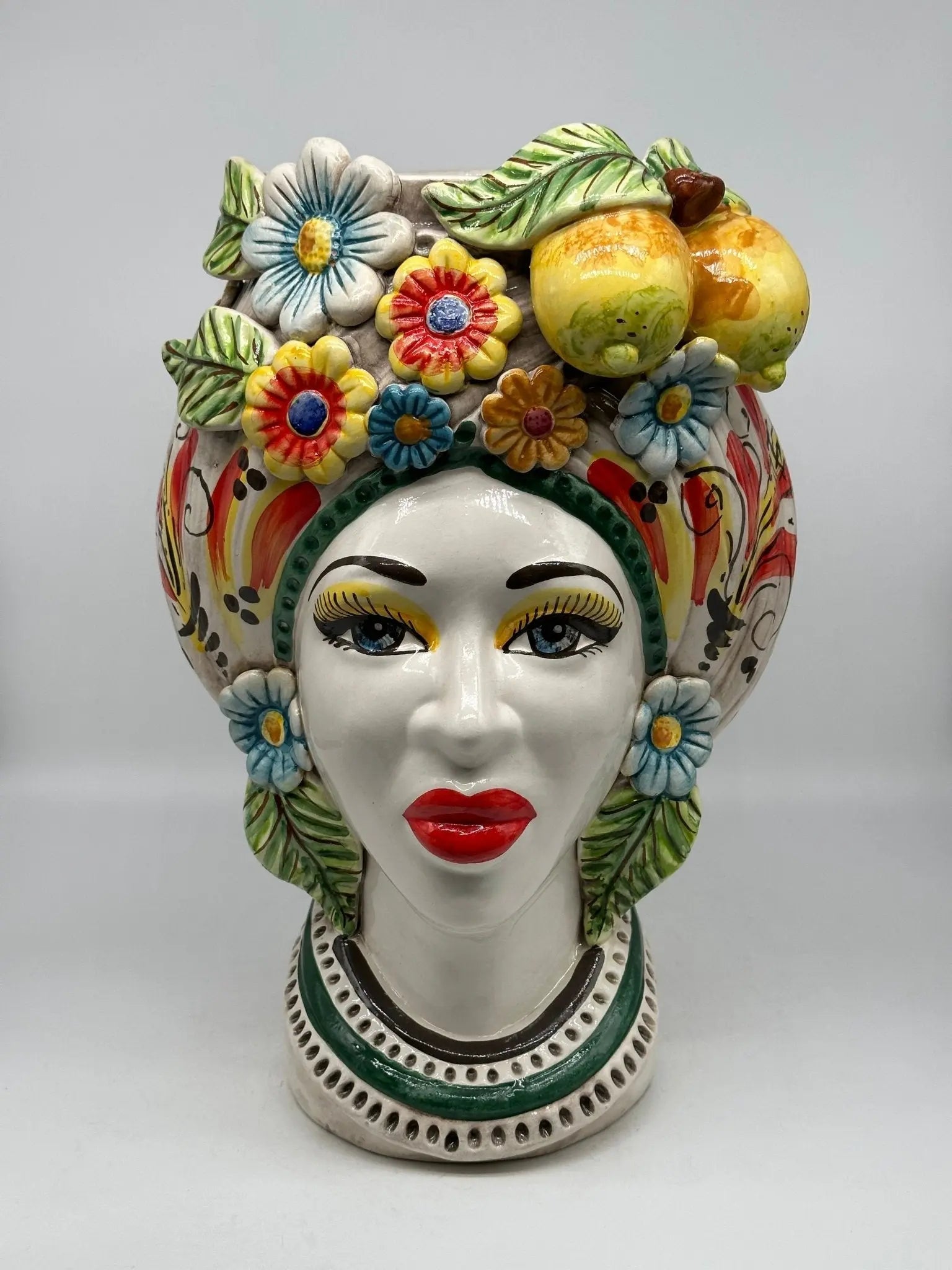 Teste di Moro Moresca Ceramica Caltagirone cm H.40 L.24 Artigianale Barocco Fiori Limoni - Donna - TESTA DI MORO