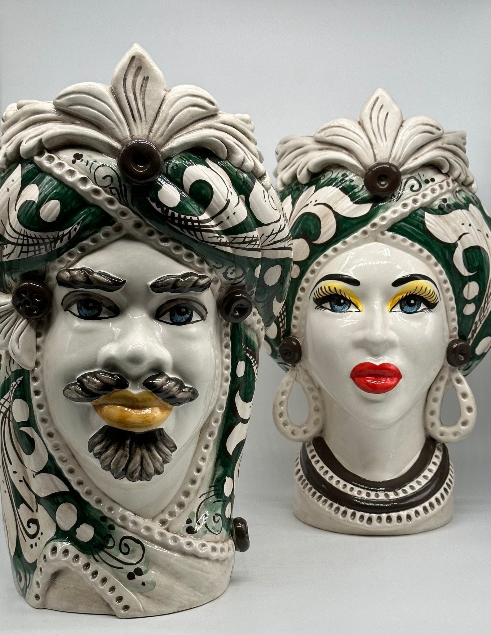 Teste di Moro Moresca Ceramica Caltagirone cm H.40 L.24 Artigianale Barocco Verde Prato - DD CERAMICHE SICILIANE