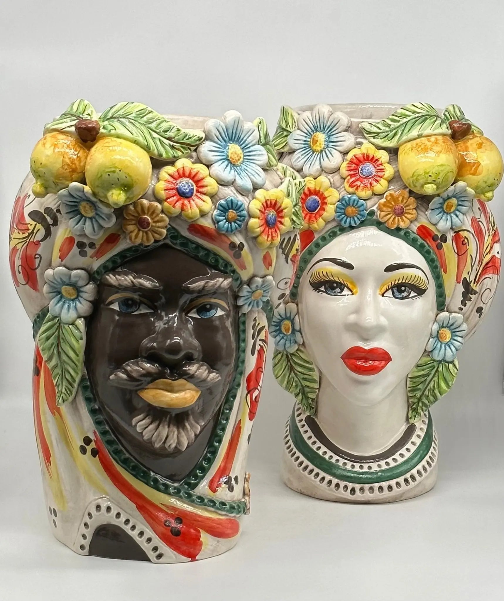 Teste di Moro Moresca Ceramica Caltagirone cm H.40 L.24 Artigianale Barocco Fiori Limoni - TESTA DI MORO