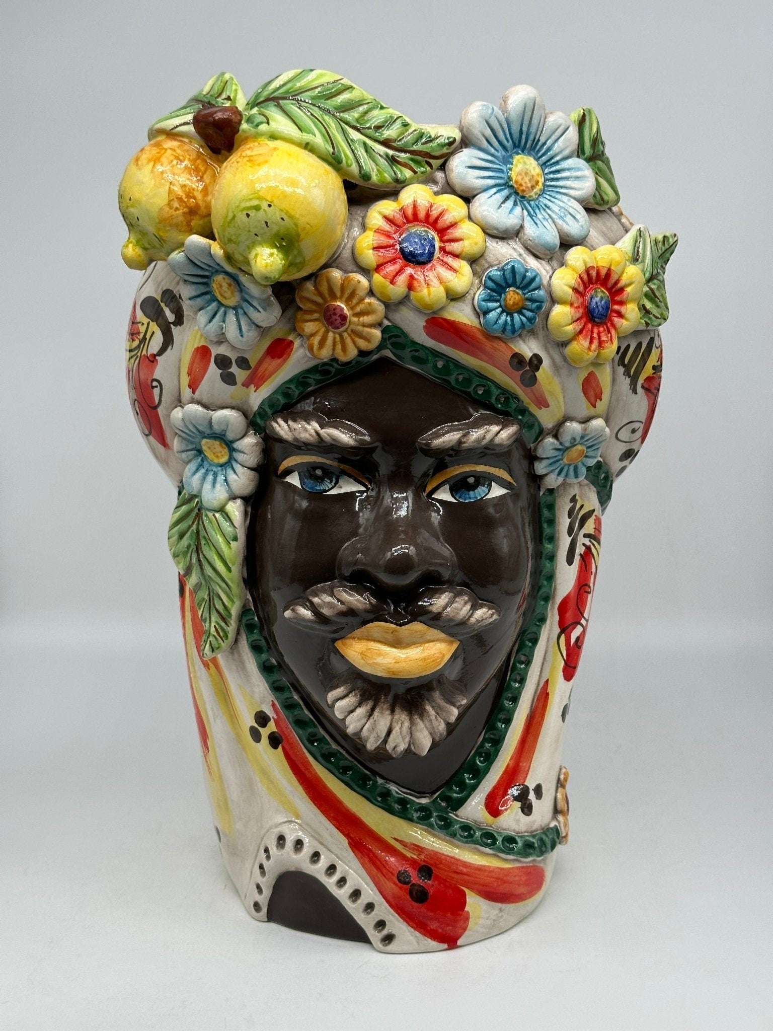 Teste di Moro Moresca Ceramica Caltagirone cm H.40 L.24 Artigianale Barocco Fiori Limoni - DD CERAMICHE SICILIANE