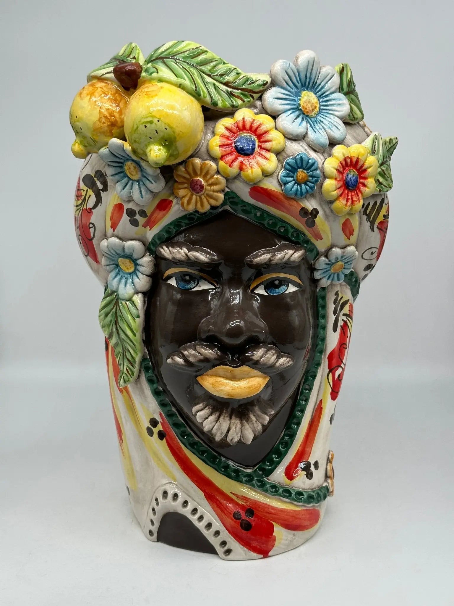 Teste di Moro Moresca Ceramica Caltagirone cm H.40 L.24 Artigianale Barocco Fiori Limoni - Uomo - TESTA DI MORO