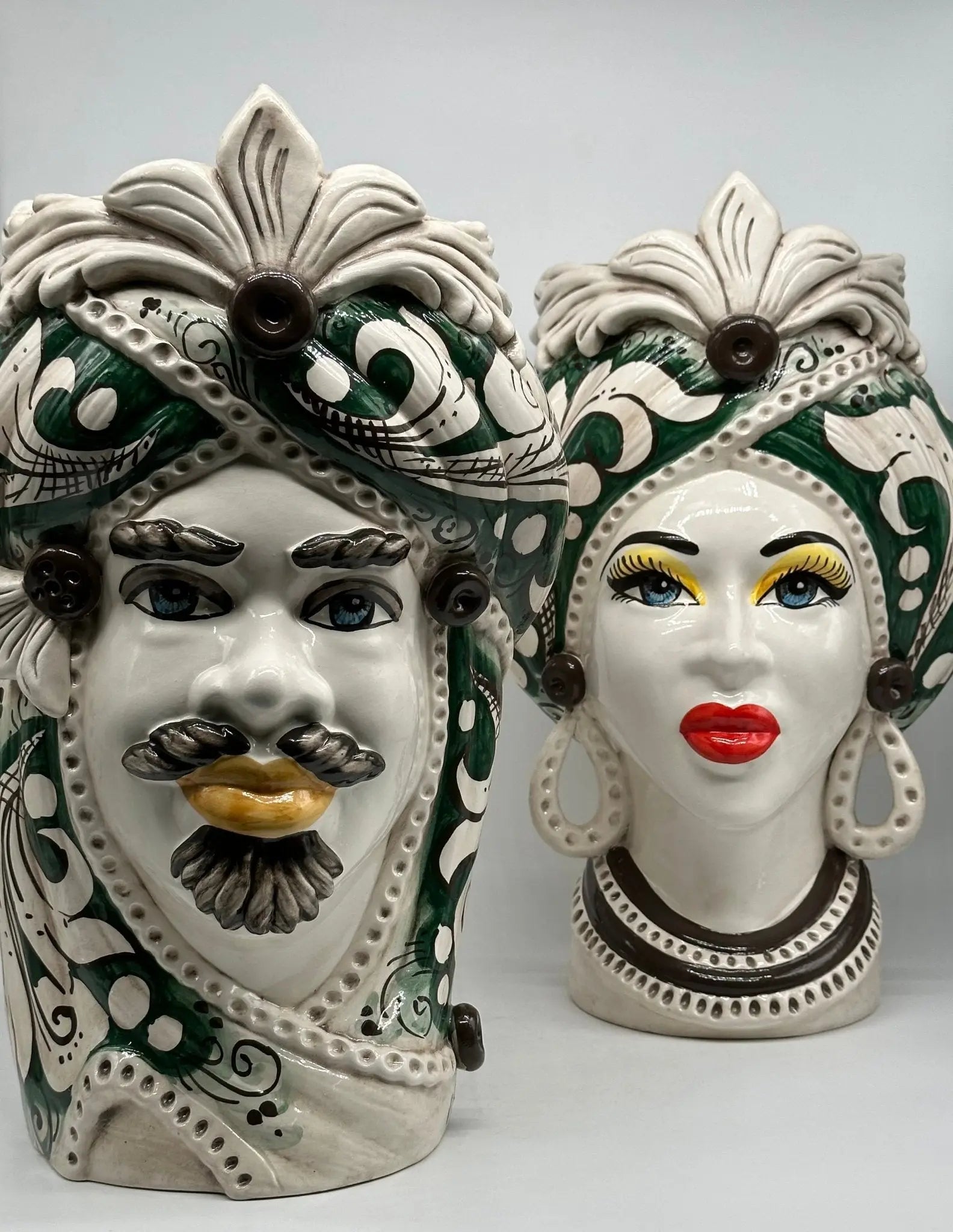 Teste di Moro Moresca Ceramica Caltagirone cm H.40 L.24 Artigianale Barocco Verde Prato - TESTA DI MORO