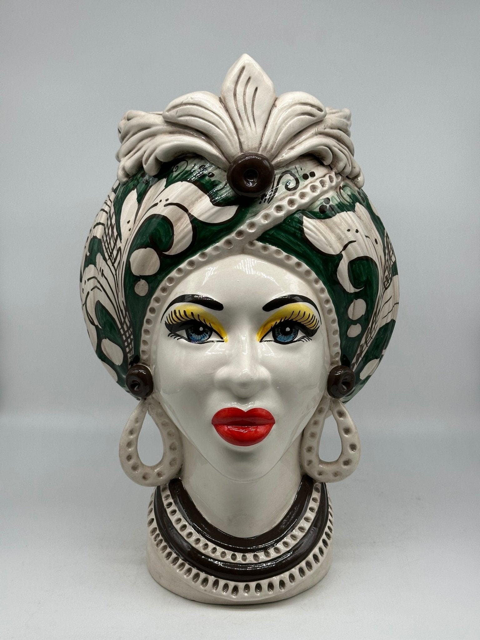 Teste di Moro Moresca Ceramica Caltagirone cm H.40 L.24 Artigianale Barocco Verde Prato - DD CERAMICHE SICILIANE