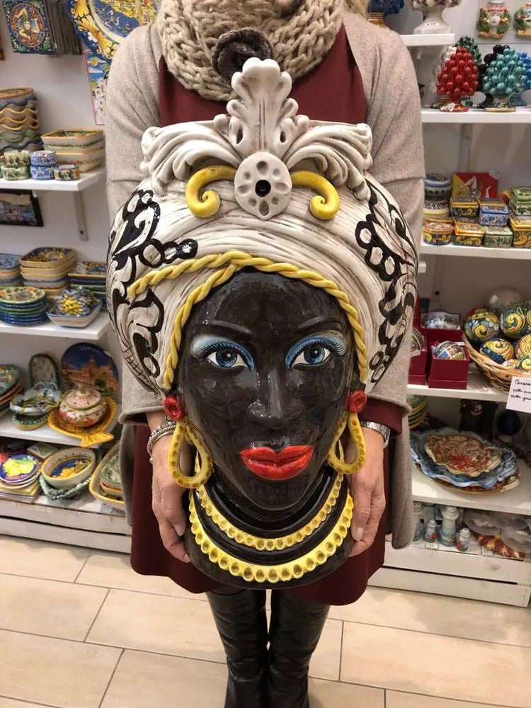 Teste di Moro Moresca Ceramica Caltagirone cm H.49 L.33 Artigianale Decorazione Barocco dettagli Giallo DD CERAMICHE SICILIANE