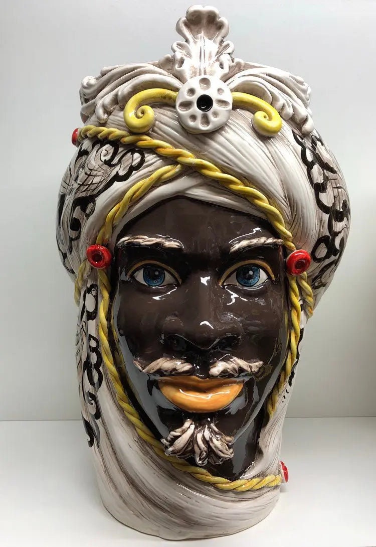 Teste di Moro Moresca Ceramica Caltagirone cm H.49 L.33 Artigianale Decorazione Barocco dettagli Giallo DD CERAMICHE SICILIANE