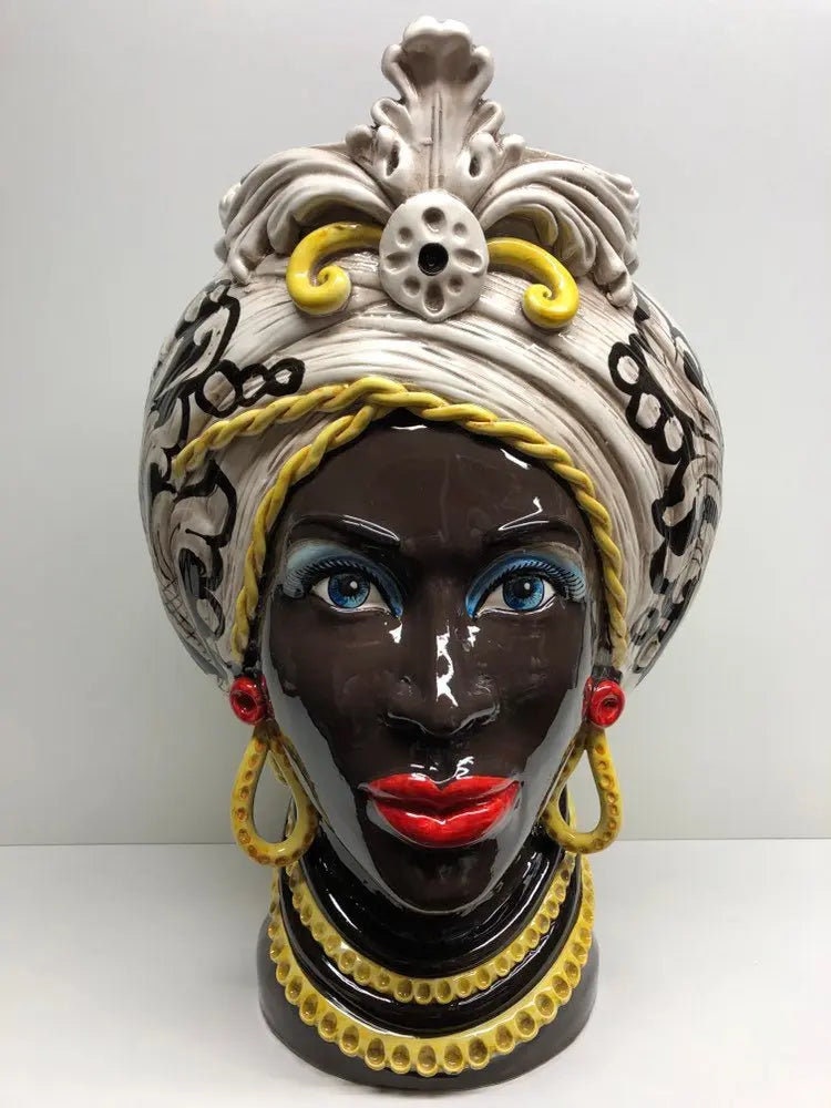 Teste di Moro Moresca Ceramica Caltagirone cm H.49 L.33 Artigianale Decorazione Barocco dettagli Giallo DD CERAMICHE SICILIANE