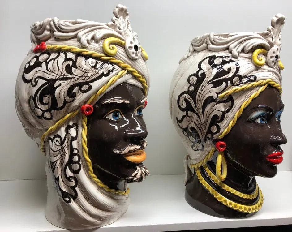 Teste di Moro Moresca Ceramica Caltagirone cm H.49 L.33 Artigianale Decorazione Barocco dettagli Giallo DD CERAMICHE SICILIANE